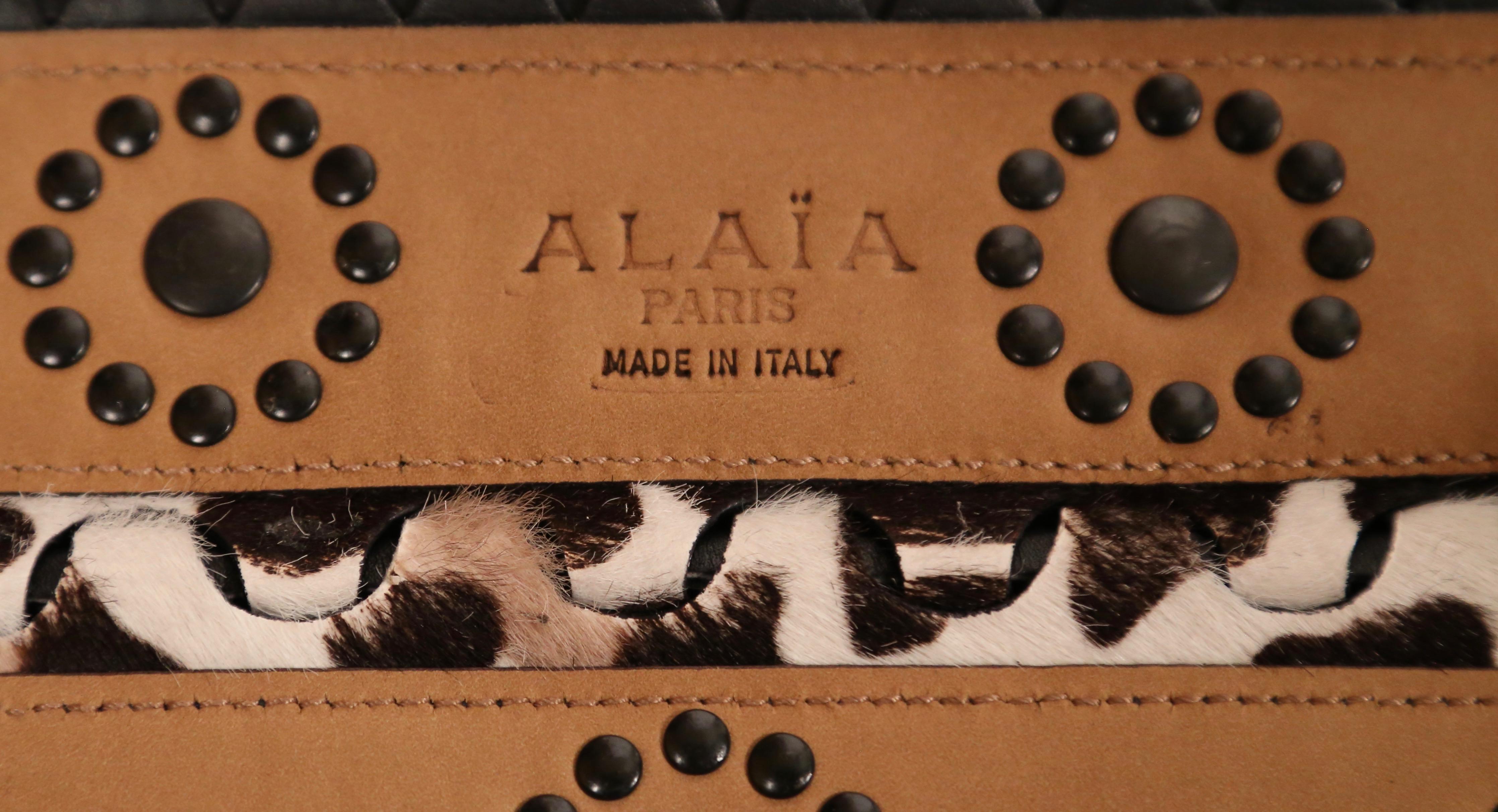 Women's or Men's AZZEDINE ALAIA leopard printed corset belt with black leather trim & studs For Sale