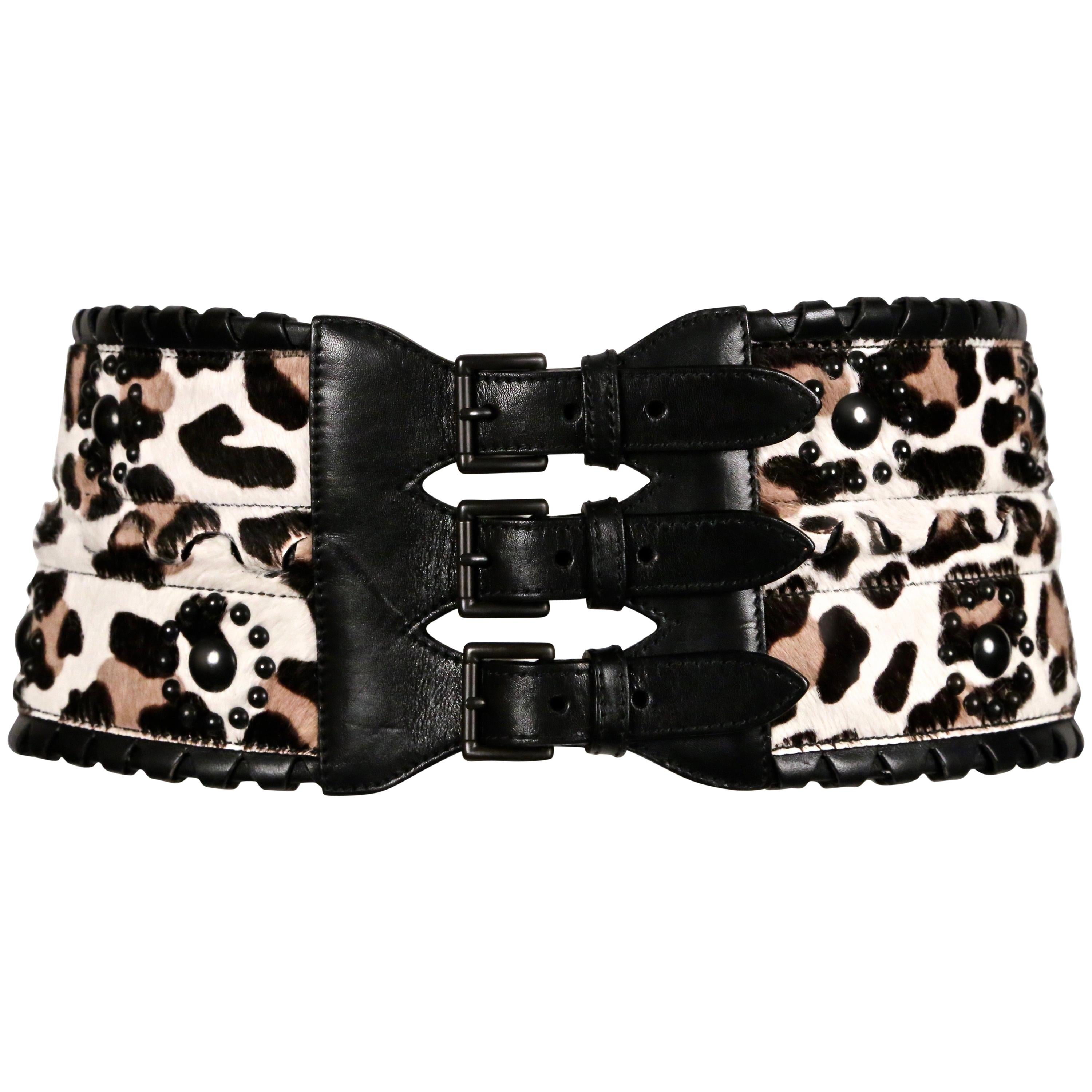 AZZEDINE ALAIA leopard printed corset belt with black leather trim & studs For Sale