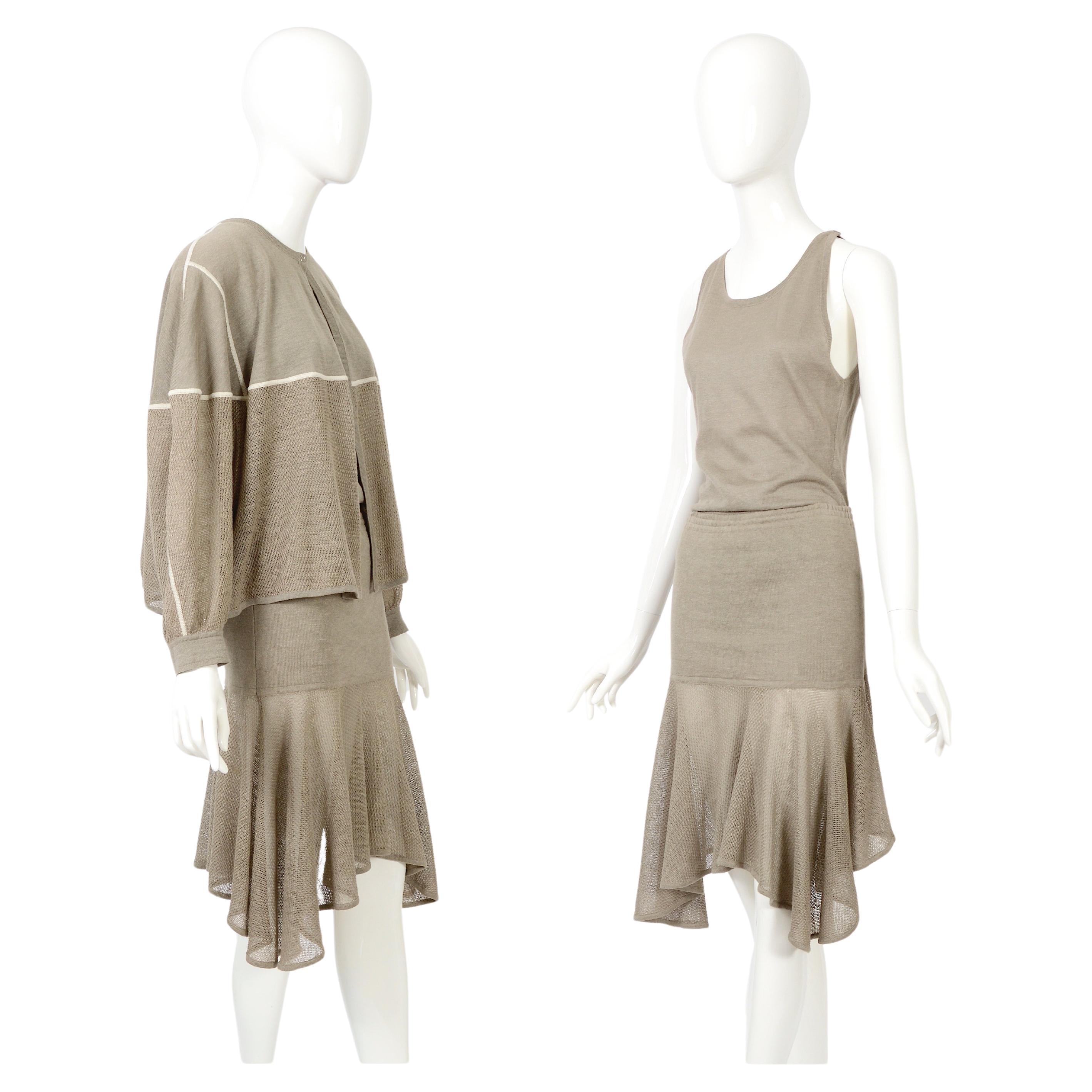 Azzedine Alaïa linen knit 3 piece bodysuit, skirt and cardigan set, ss 1983 For Sale