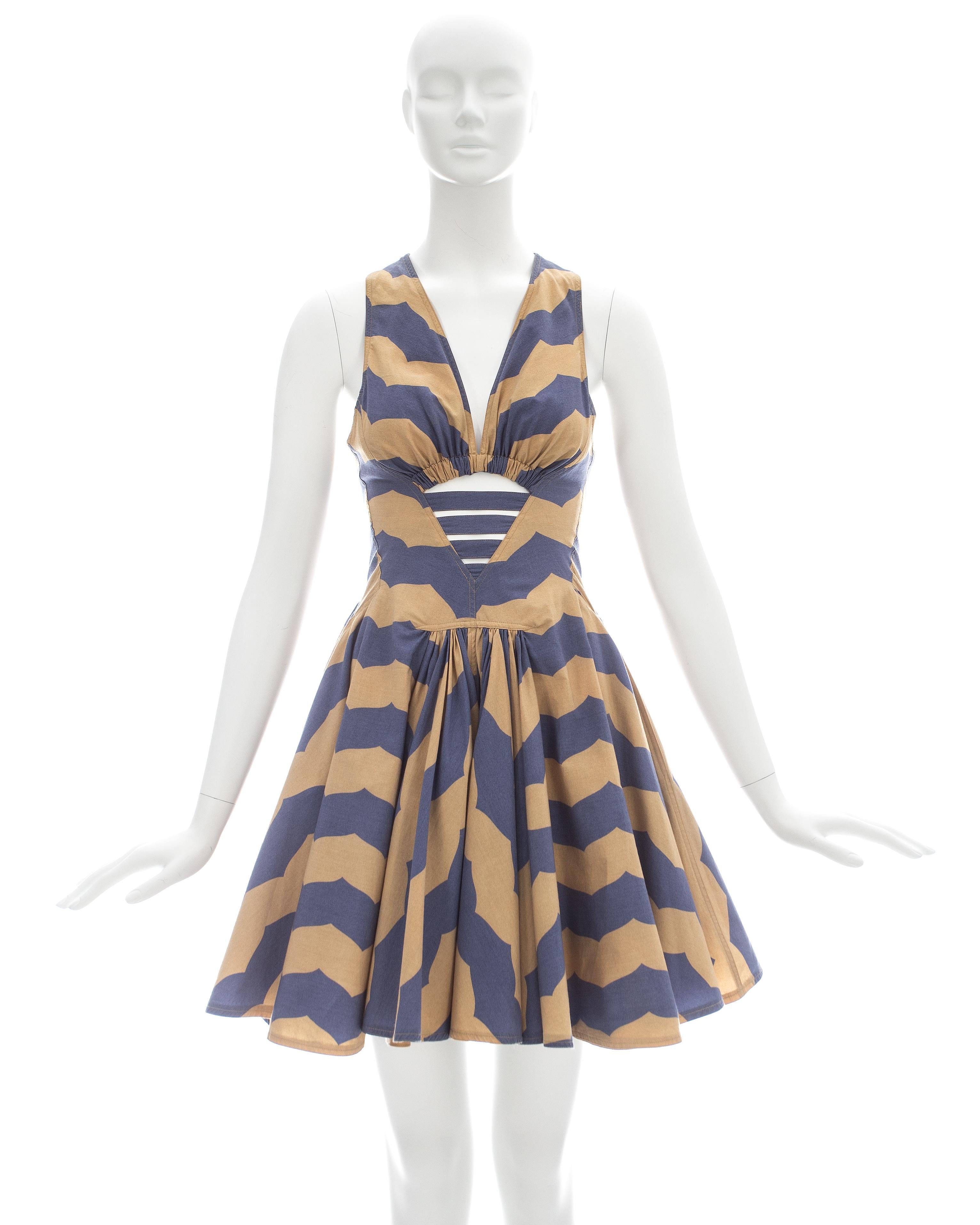 Azzedine Alaia; Cotton mini sundress in mauve and tan stripe print with caged cut-out, pleated skirt, and two hidden side pockets  

Spring-Summer 1990
