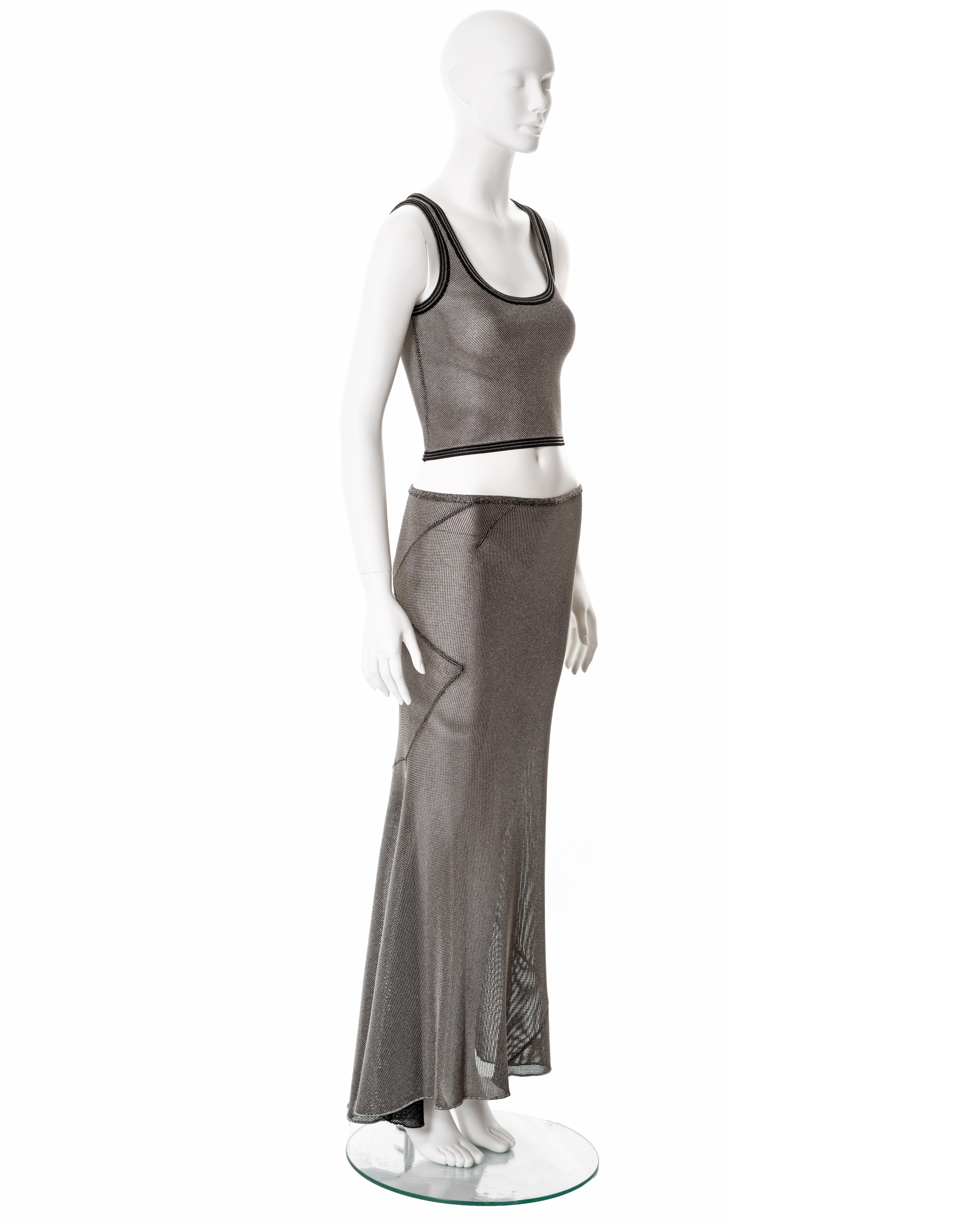 Women's Azzedine Alaia metallic silver lurex crop top and maxi skirt set, fw 2001