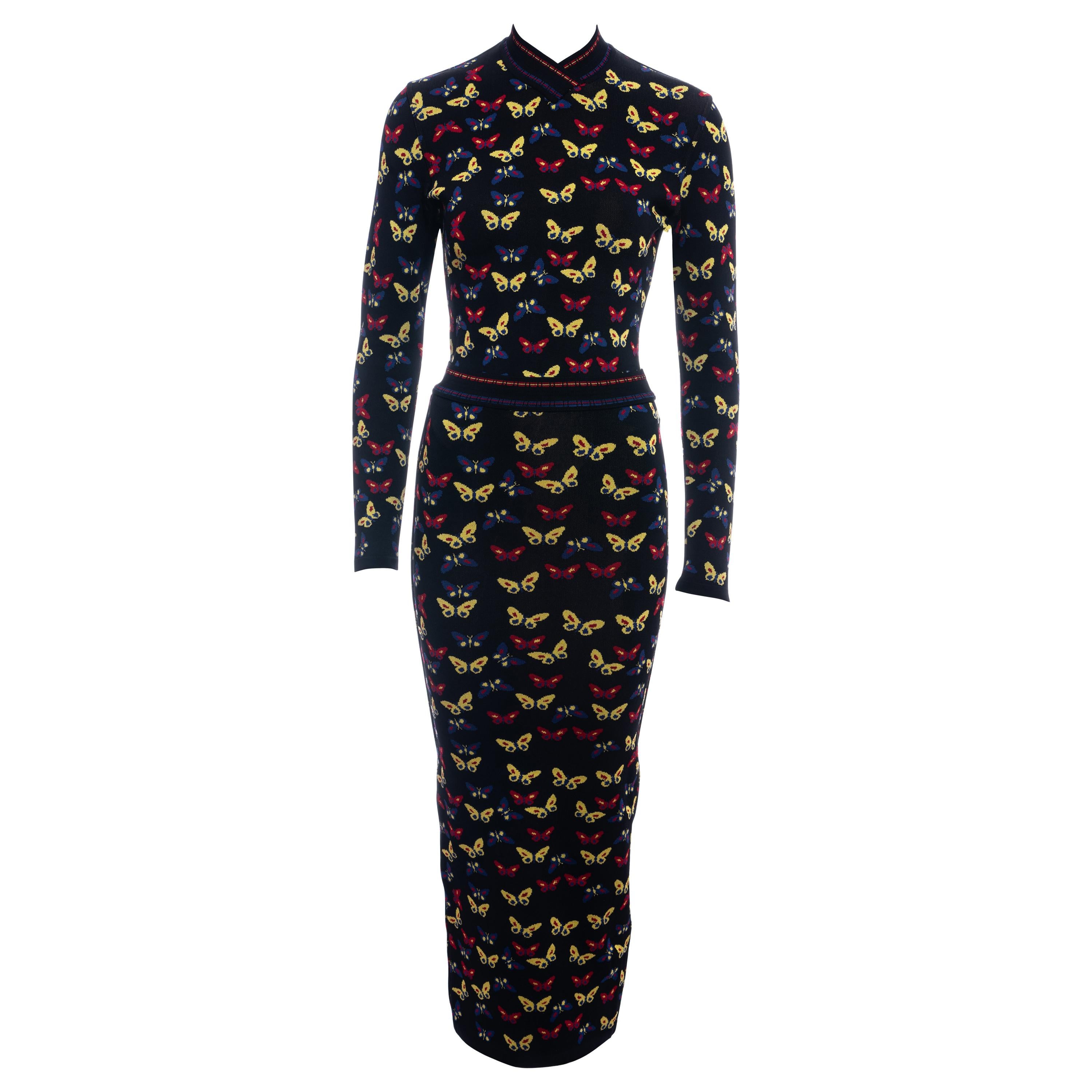 Azzedine Alaia multicoloured rayon knit butterfly two-piece dress, fw 1991 For Sale