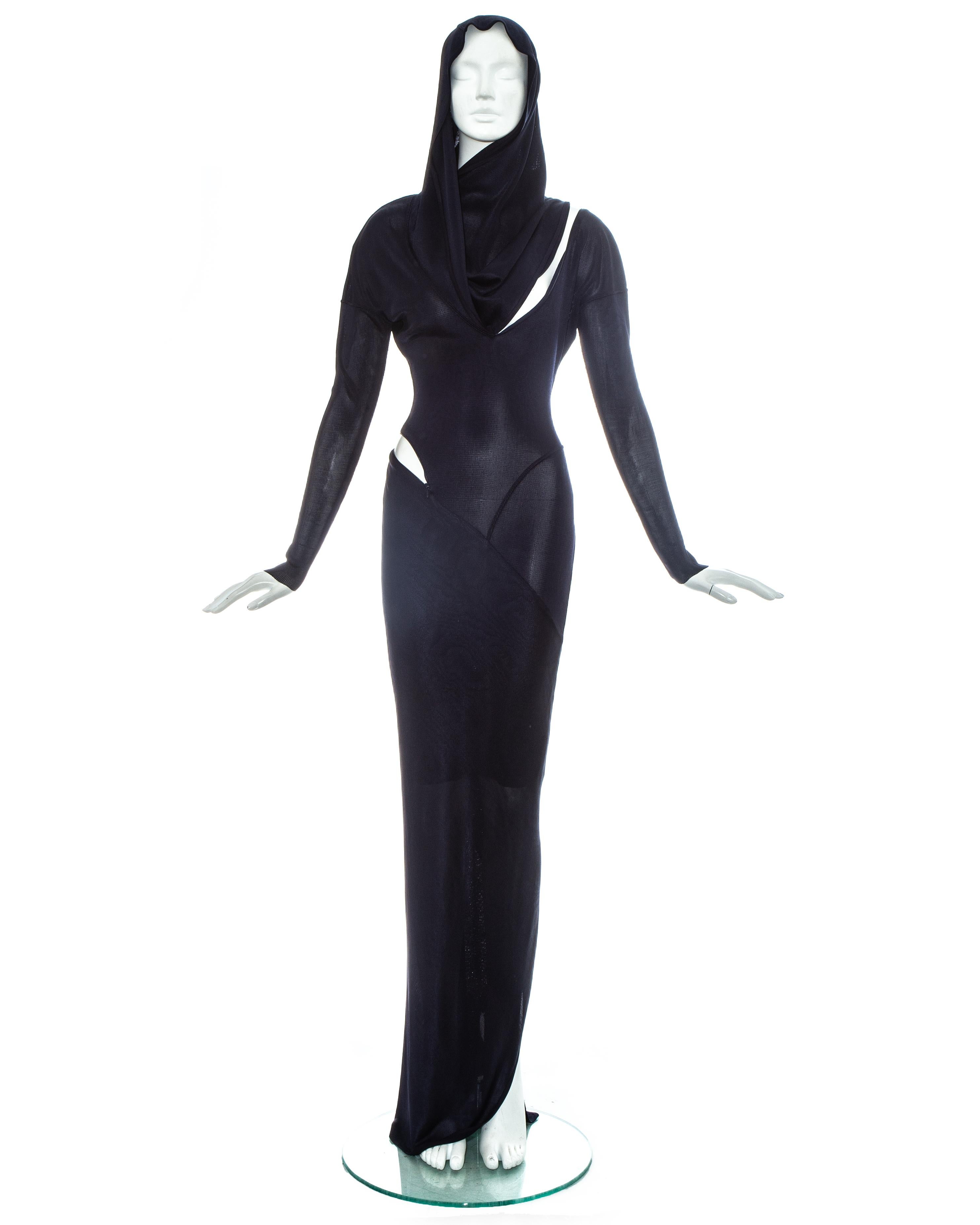 Azzedine Alaia navy acetate bias cut evening dress with signature draped hood, long zip fastening coiled around the body, bias cut panels with flat seams which contour the body and back vent with train. 

One of Azzedine Alaia's most iconic and