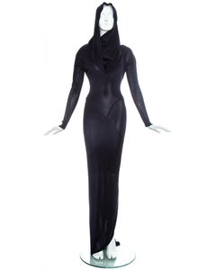 Azzedine Alaia navy acetate bias cut hooded evening dress, fw 1986