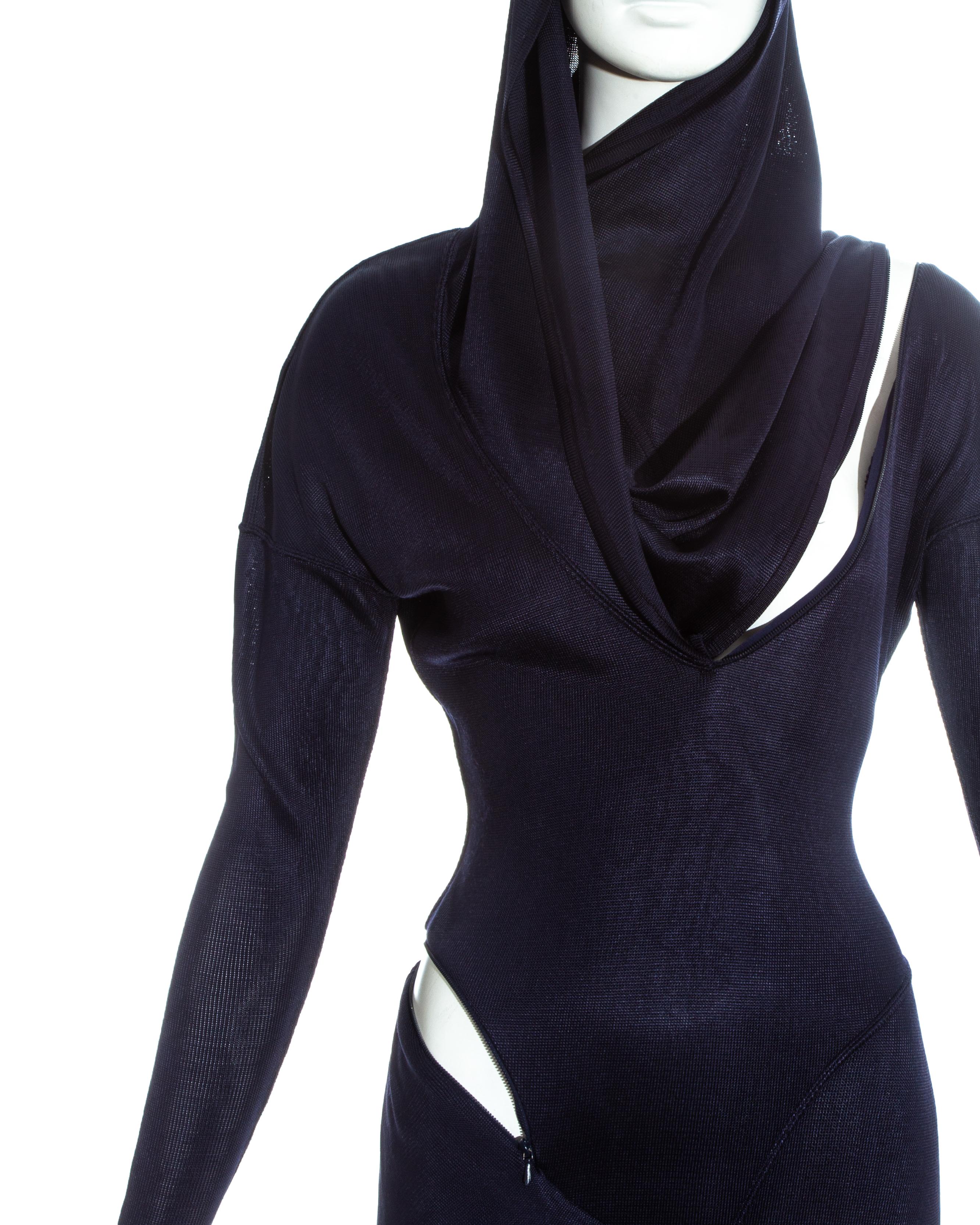 Black Azzedine Alaia navy acetate bias cut hooded evening dress, fw 1986 For Sale