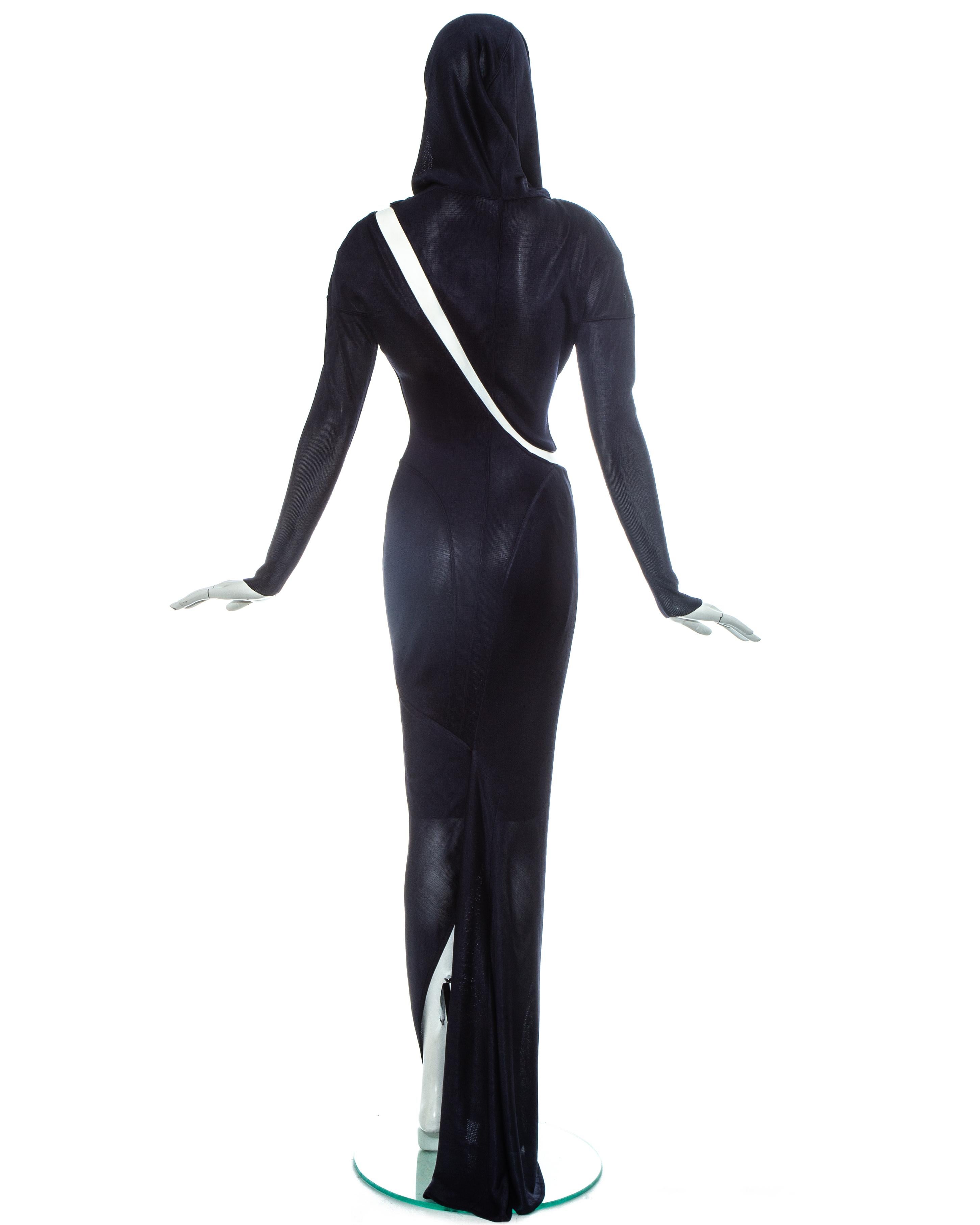 Black Azzedine Alaia navy acetate bias cut hooded evening dress, fw 1986