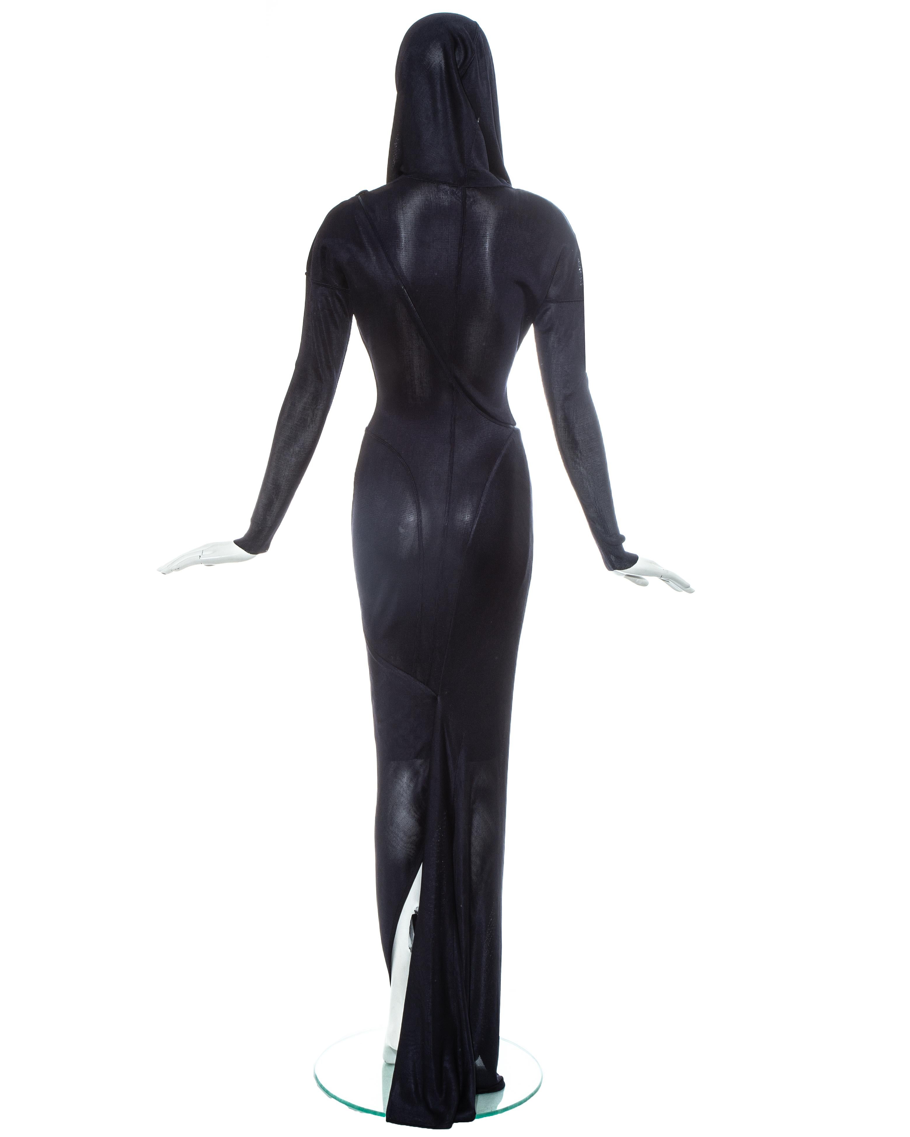 Women's Azzedine Alaia navy acetate bias cut hooded evening dress, fw 1986