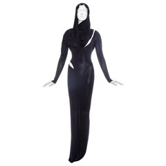 Retro Azzedine Alaia navy acetate bias cut hooded evening dress, fw 1986