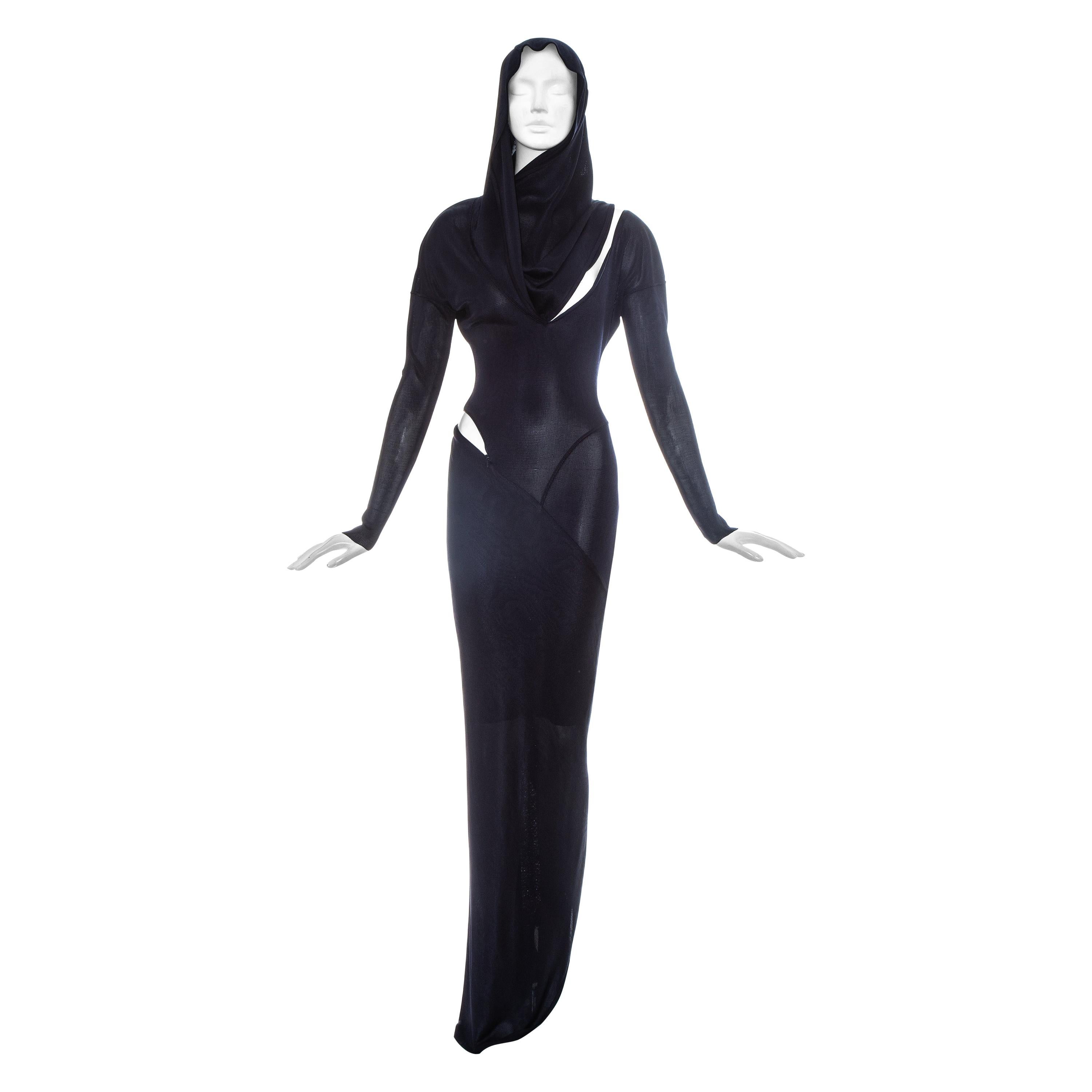Azzedine Alaia navy acetate bias cut hooded evening dress, fw 1986 For Sale
