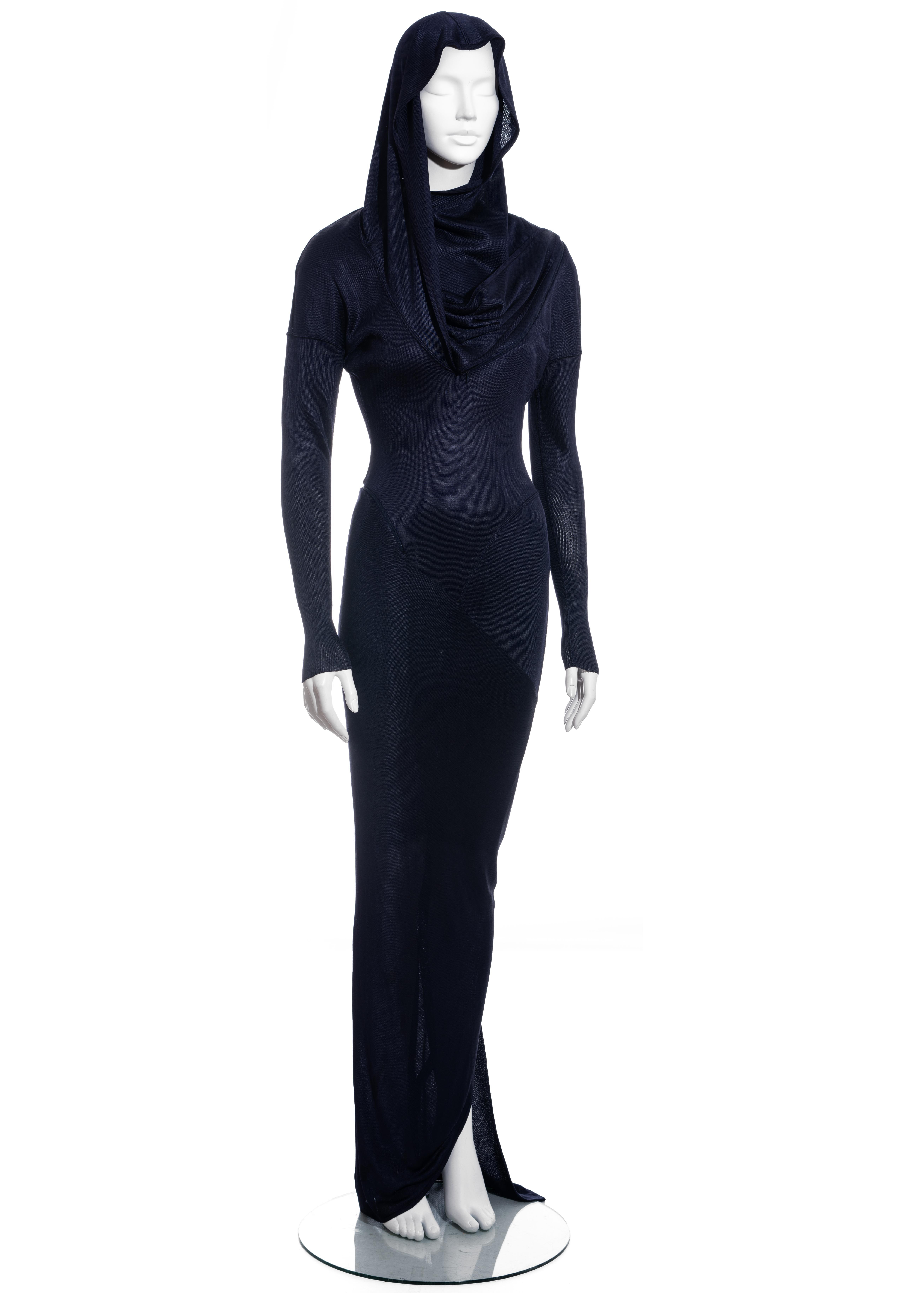 Black Azzedine Alaia navy acetate knit hooded maxi dress, fw 1986