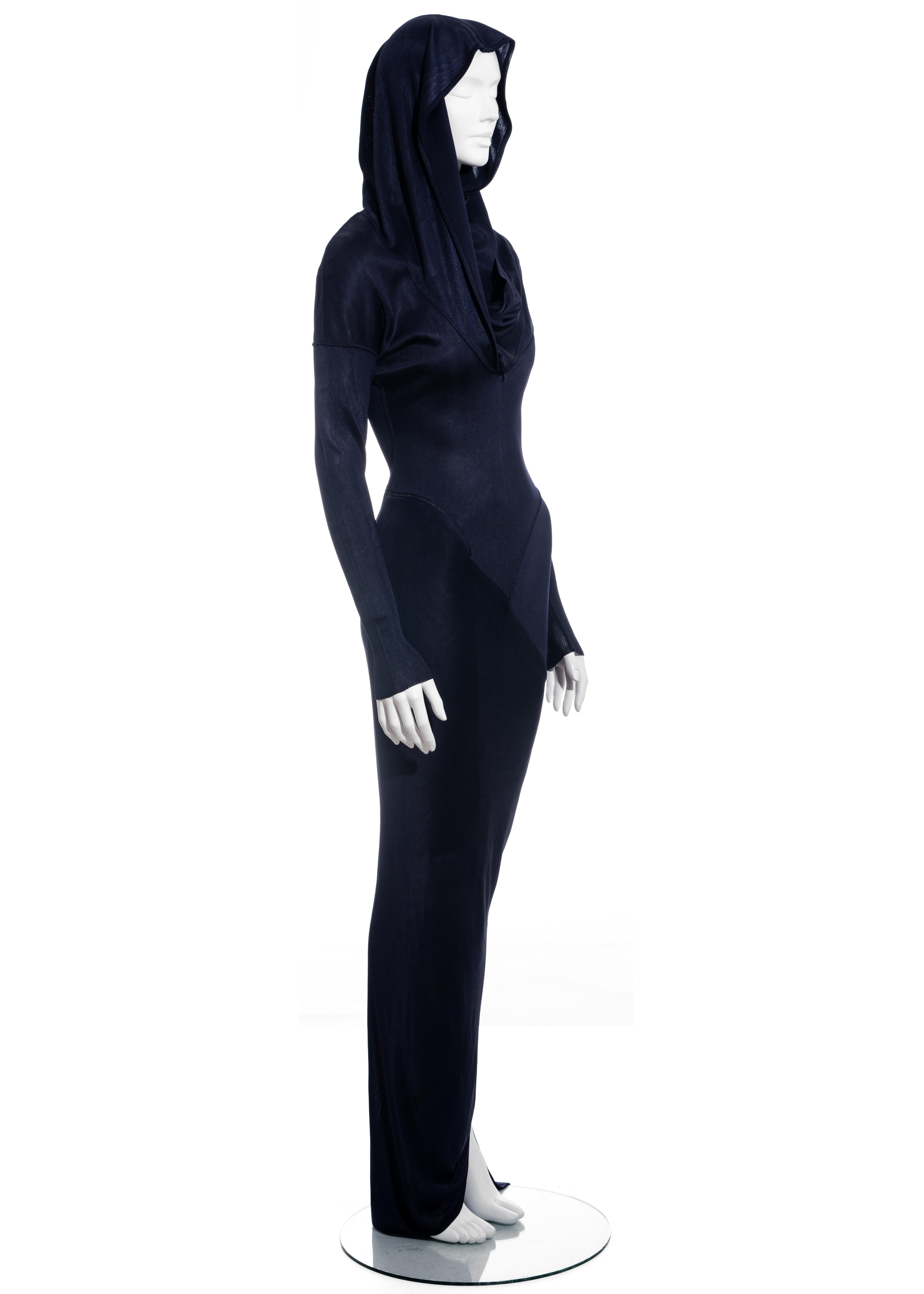 Women's Azzedine Alaia navy acetate knit hooded maxi dress, fw 1986