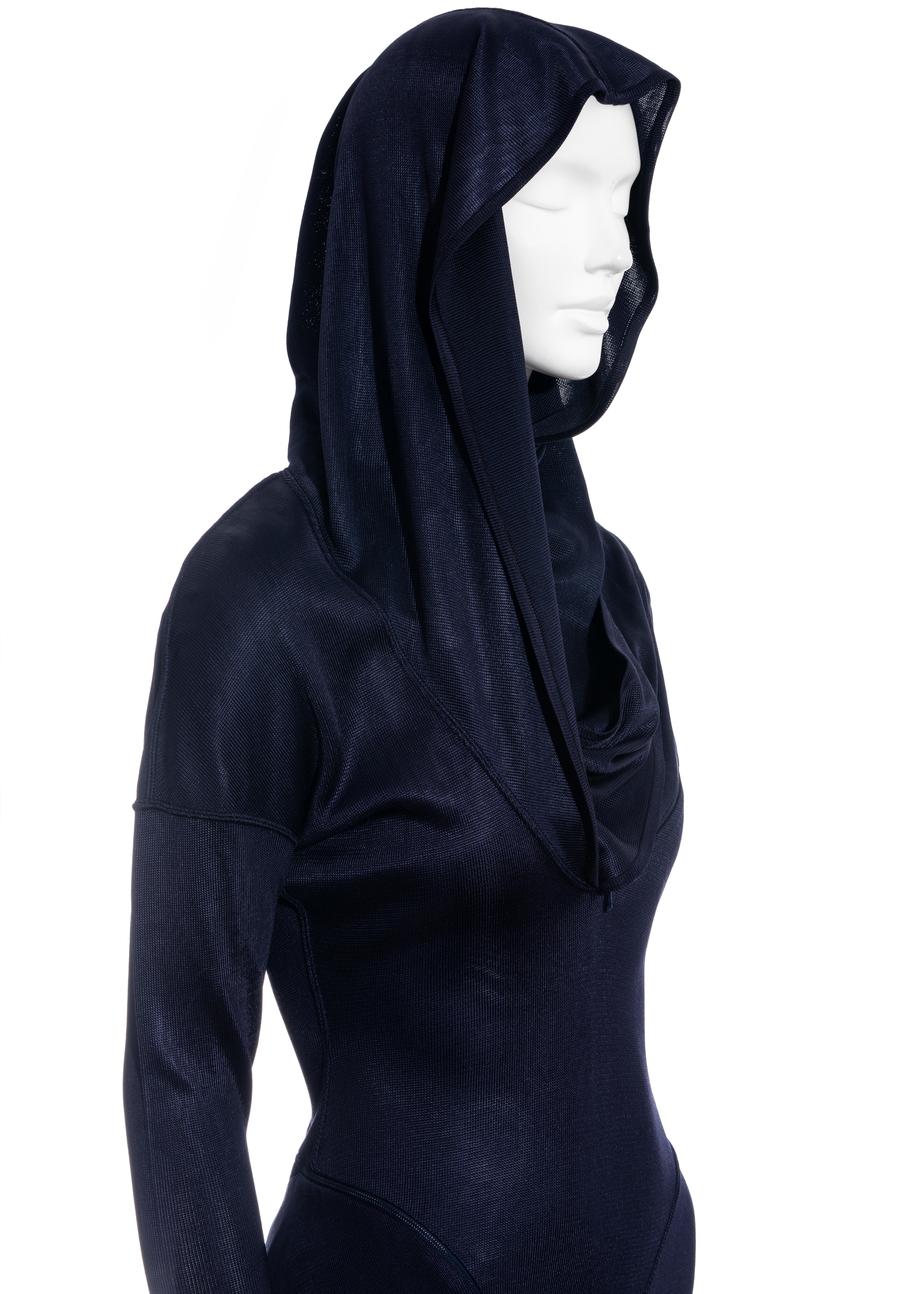 Azzedine Alaia navy acetate knit hooded maxi dress, fw 1986 1