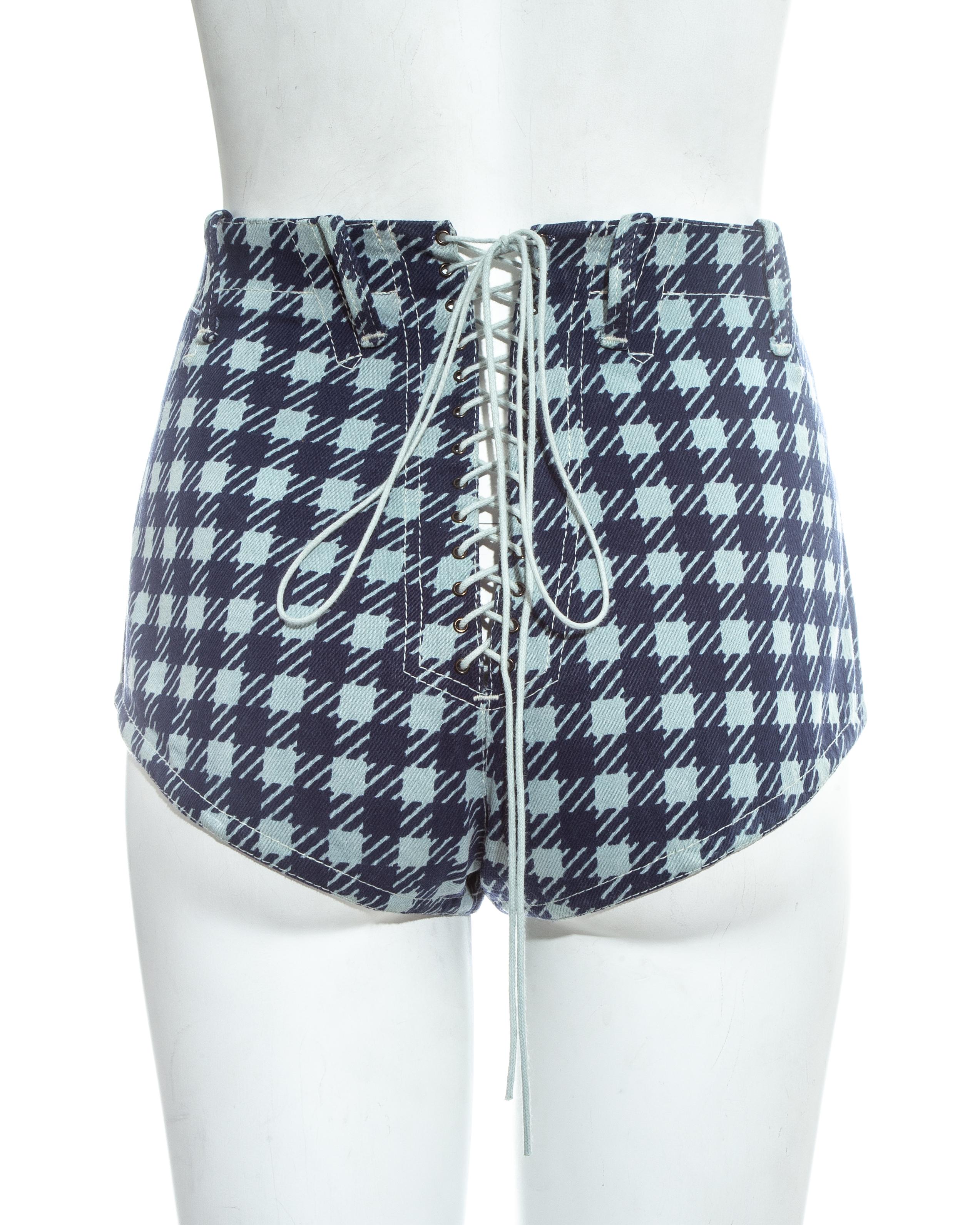 Azzedine Alaia navy blue houndstooth 'Tat' mini shorts with lace up fastening at rear. 

Spring-Summer 1991