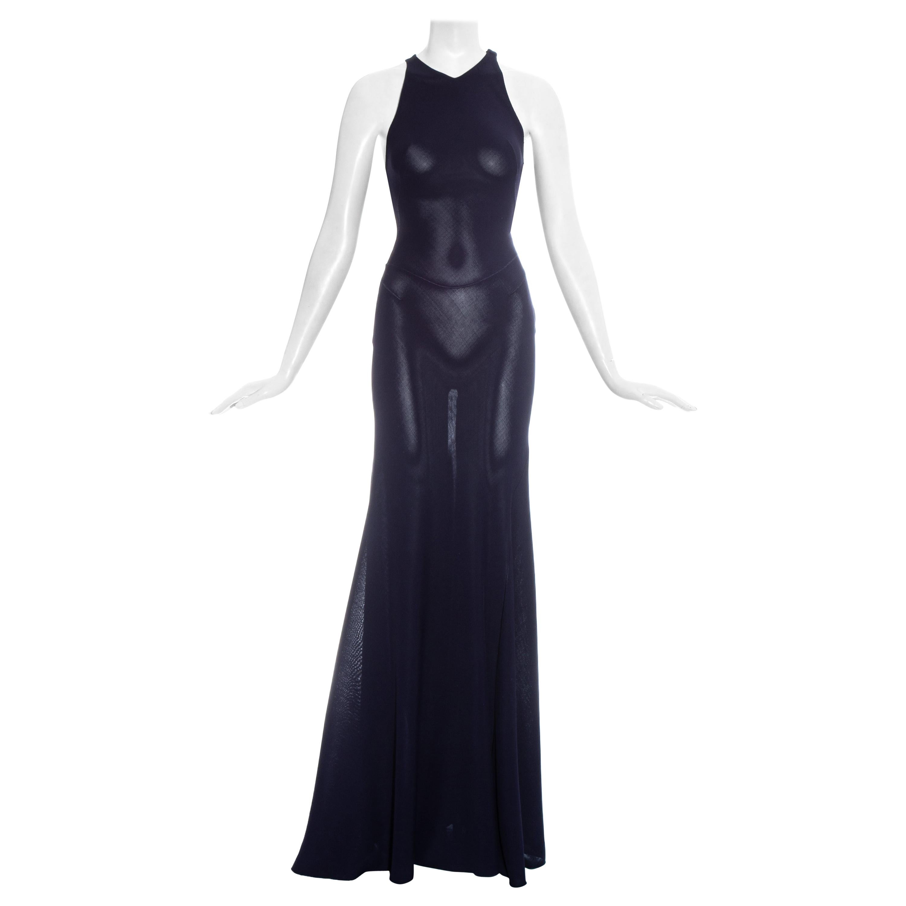Azzedine Alaia navy blue knitted figure hugging maxi dress, fw 2001  For Sale