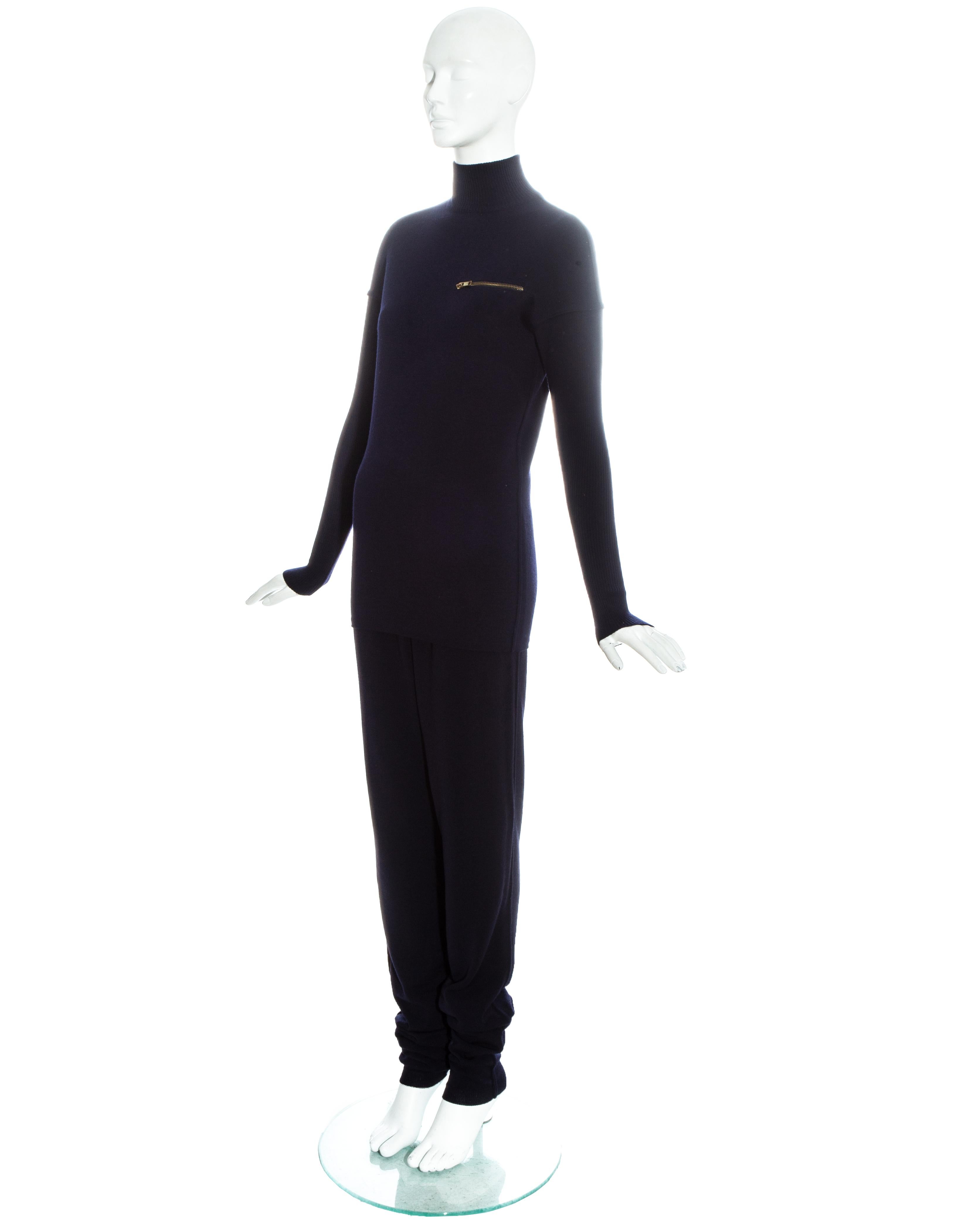 Women's Azzedine Alaia navy blue knitted wool pant suit, fw 1986 For Sale