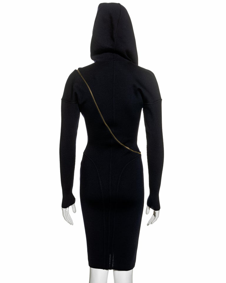 Azzedine Alaia navy knitted virgin wool bodycon hooded dress, fw 1986 For  Sale at 1stDibs