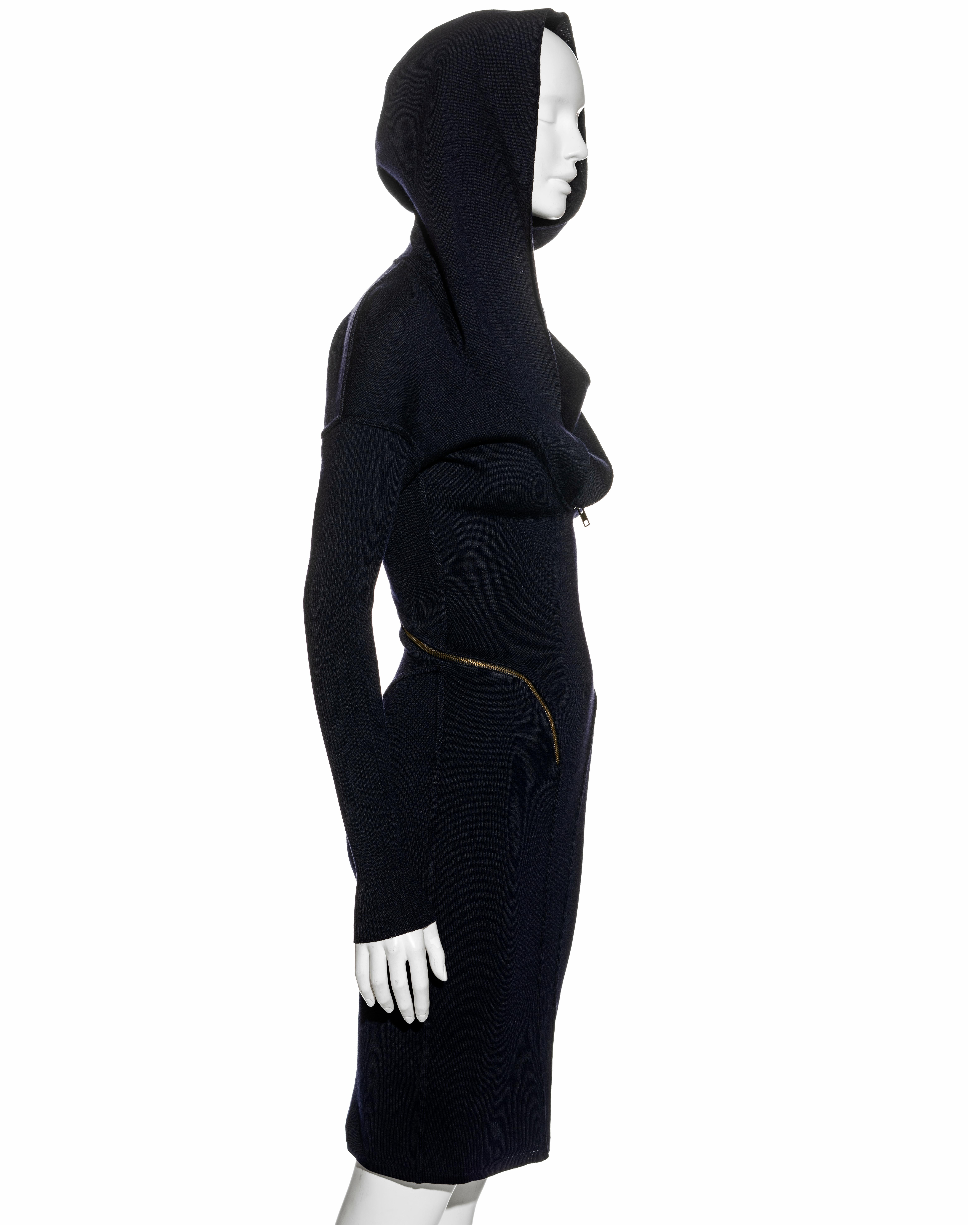 Azzedine Alaia navy knitted virgin wool bodycon hooded dress, fw 1986 For Sale 1