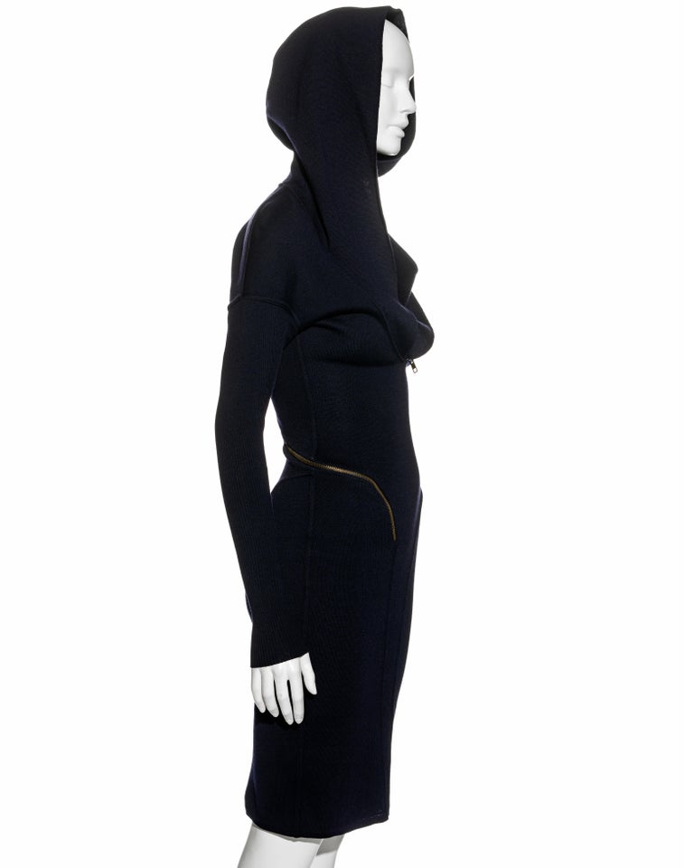Azzedine Alaia navy knitted virgin wool bodycon hooded dress, fw 1986 ...