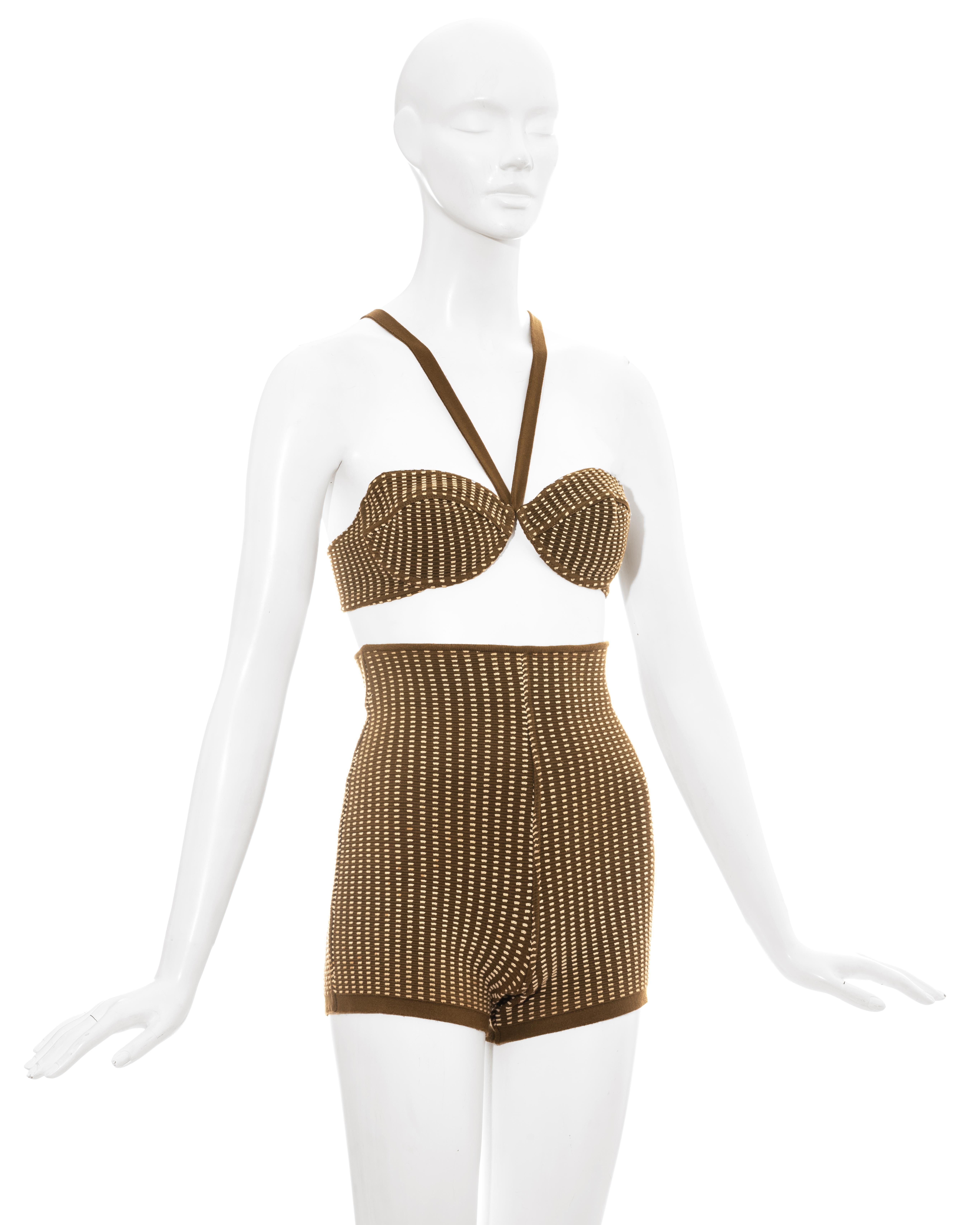 Brown Azzedine Alaia olive cotton spandex bra and mini shorts ensemble, ss 1990