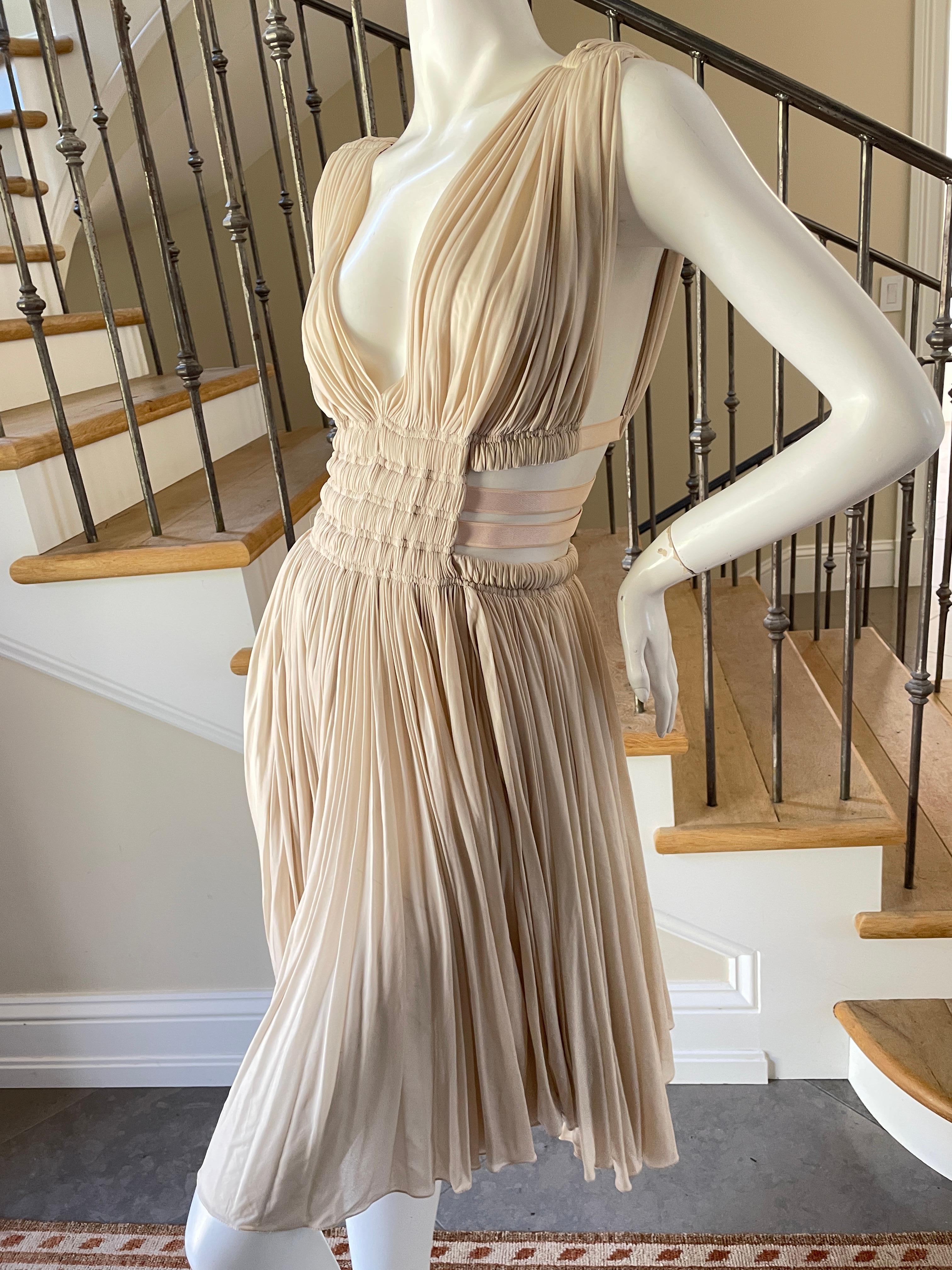 Beige Azzedine Alaia Original Vintage 2004 Pleated Goddess Dress with Side Straps 38 For Sale