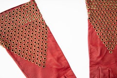Azzedine Alaia Oxblood Leather Bronze Appliquéd Grommets Gloves, Circa: 1980's
