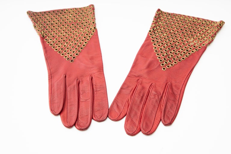 Azzedine Alaia Oxblood Leather Bronze Appliquéd Grommets Gloves, Circa
