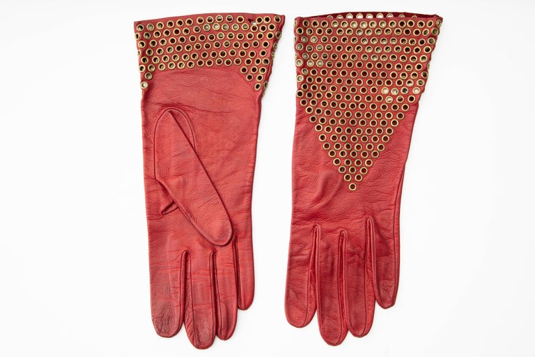 Azzedine Alaia Oxblood Leather Bronze Appliquéd Grommets Gloves, Circa
