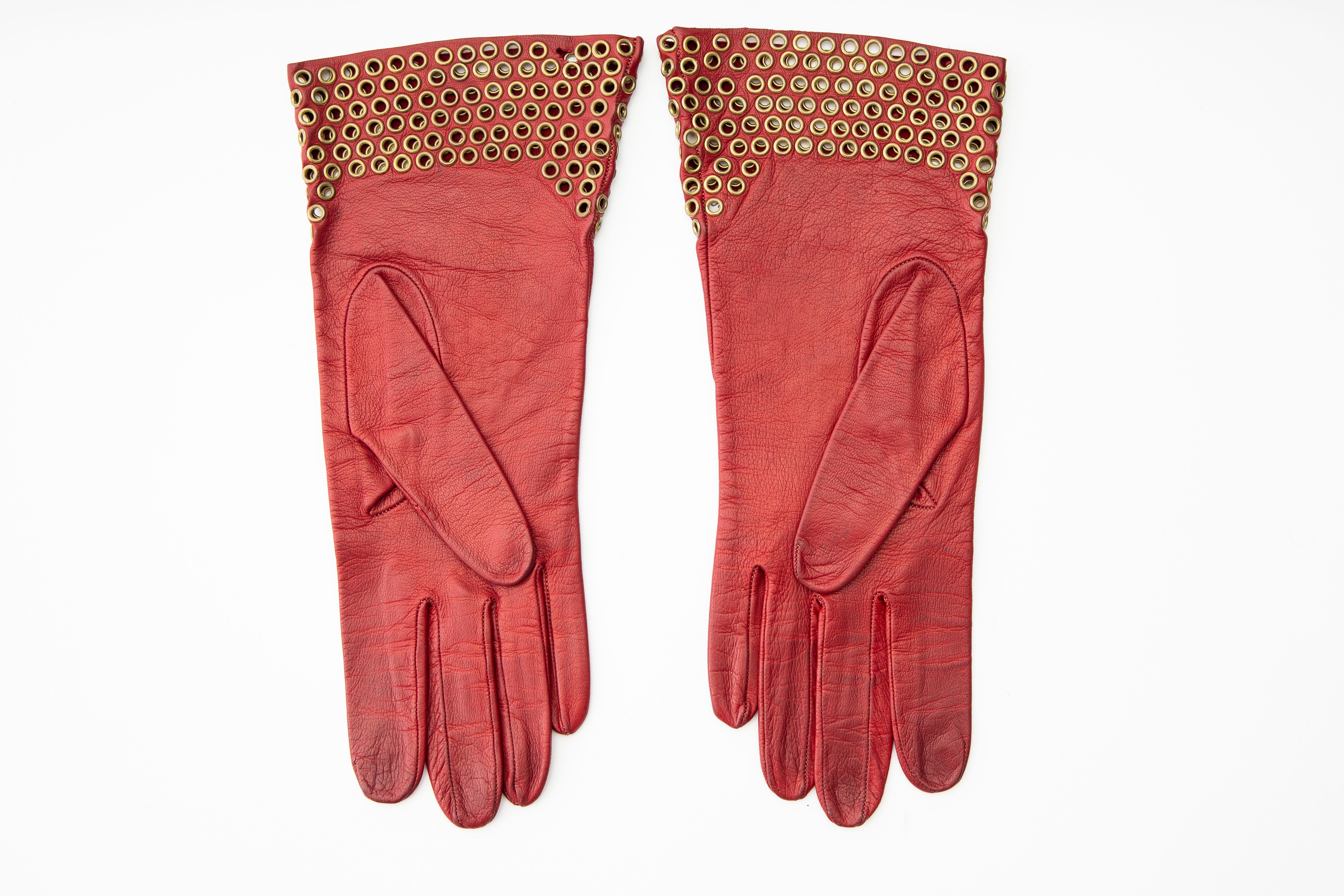 Red Azzedine Alaia Oxblood Leather Bronze Appliquéd Grommets Gloves, Circa: 1980's For Sale