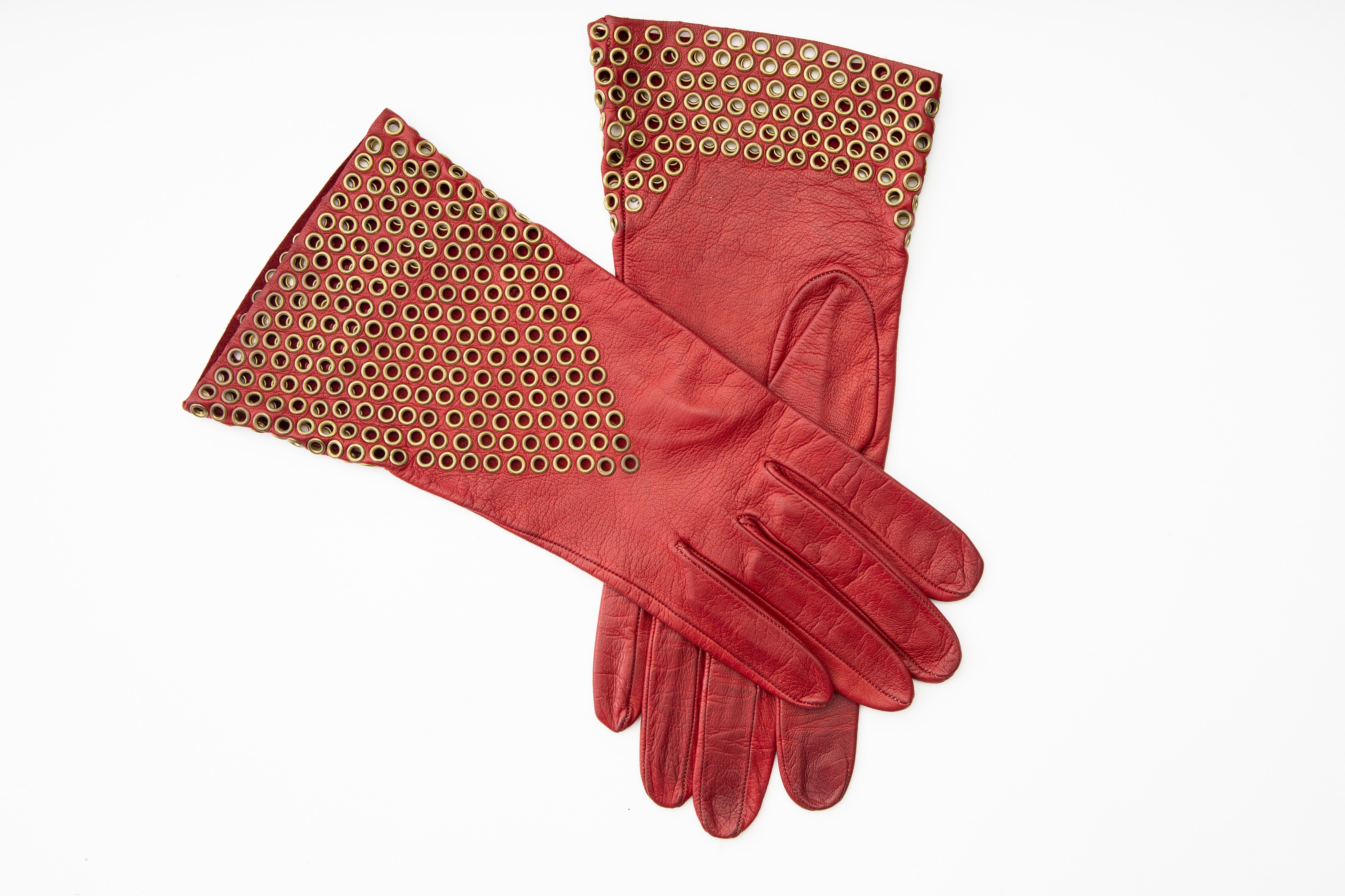 Azzedine Alaia Oxblood Leather Bronze Appliquéd Grommets Gloves, Circa: 1980's In Good Condition For Sale In Cincinnati, OH