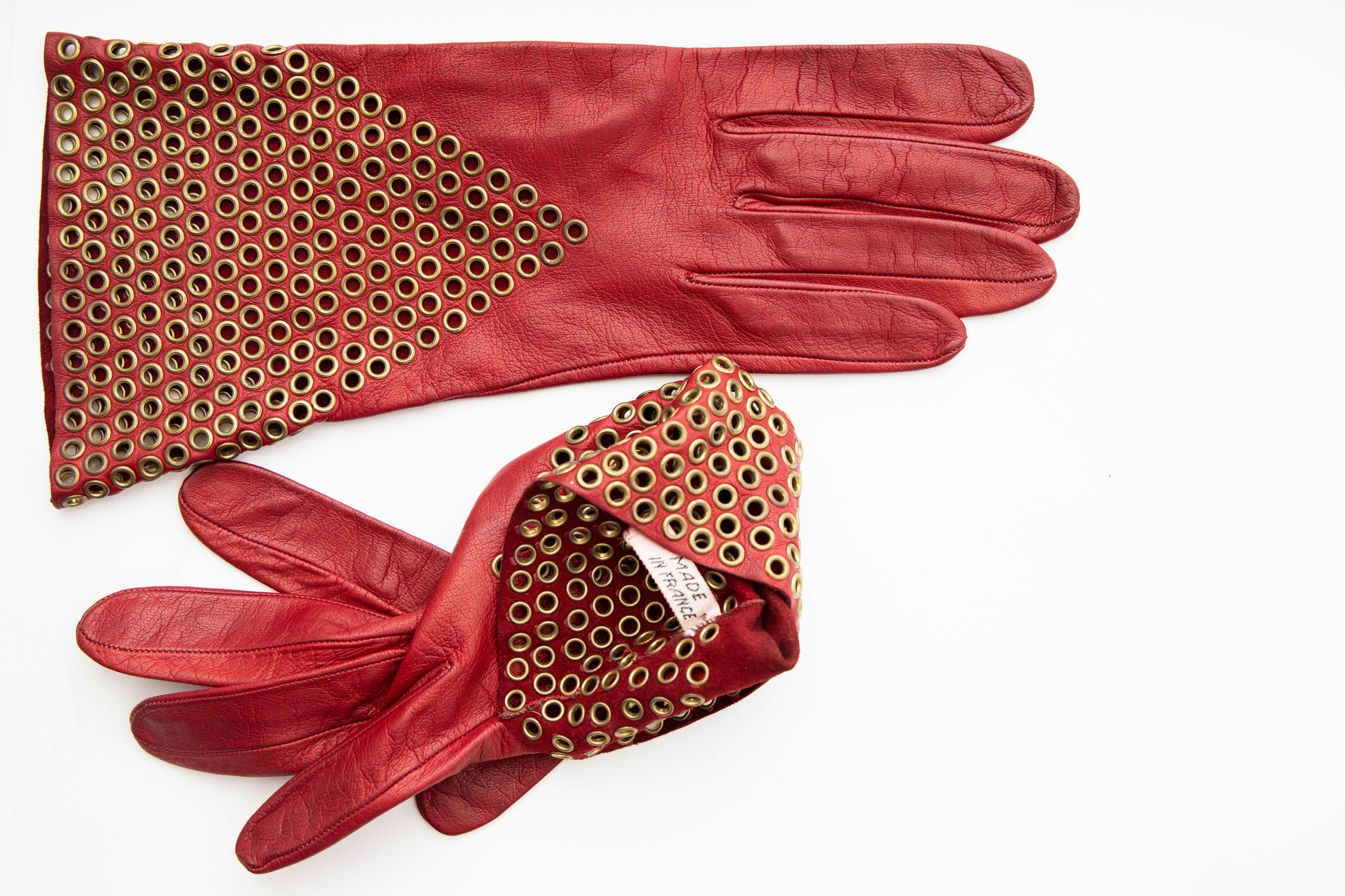 Women's Azzedine Alaia Oxblood Leather Bronze Appliquéd Grommets Gloves, Circa: 1980's For Sale