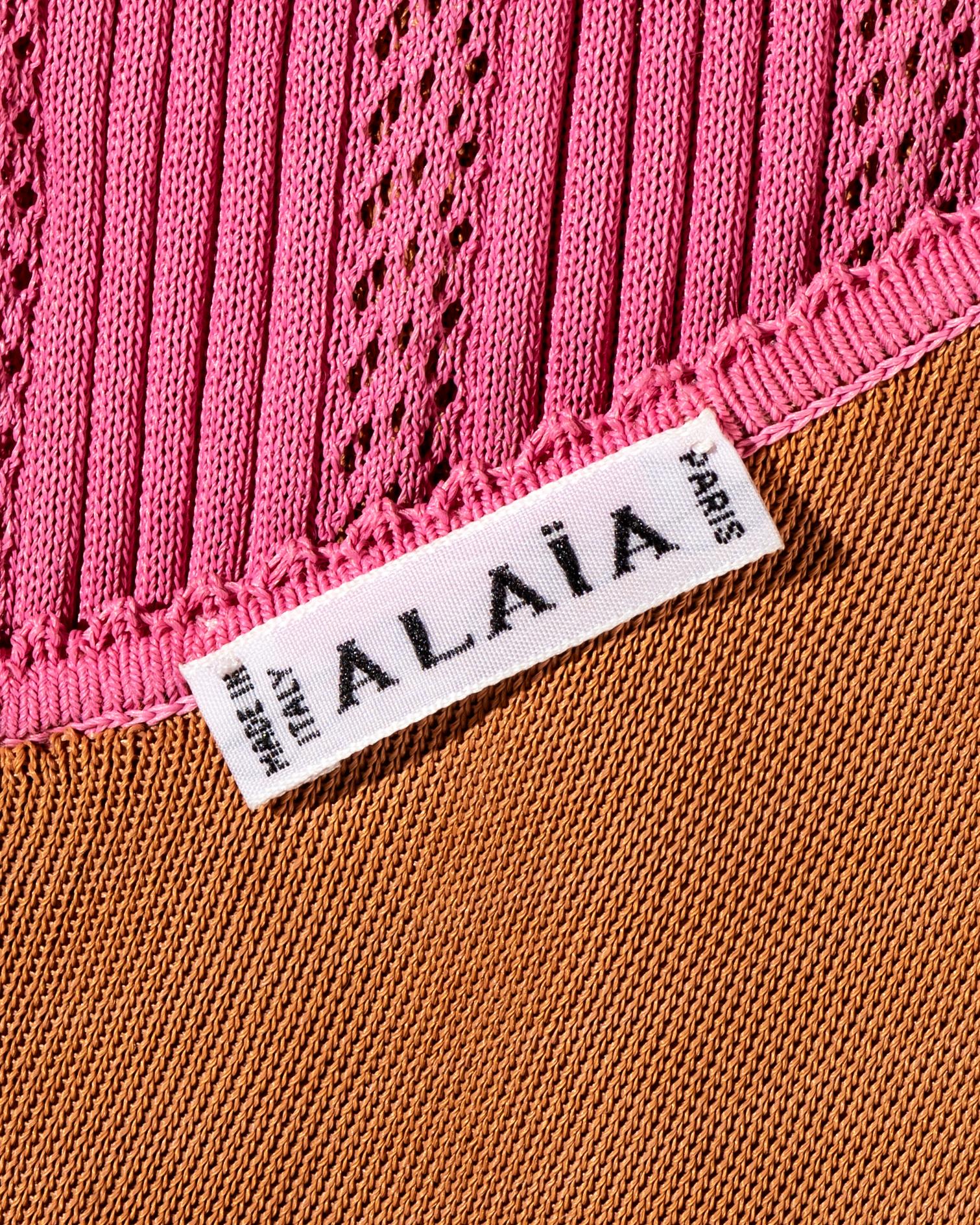 Azzedine Alaia pink open-knit floor-length fishtail dress, ss 1996 1