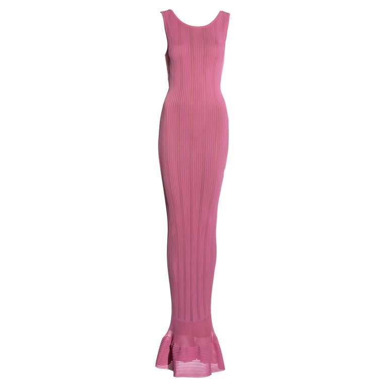 azzedine alaia pink dress 1990 Azzedine Alaia Blush-Pink Ribbed Knit Long Sleeve Bodycon Dress