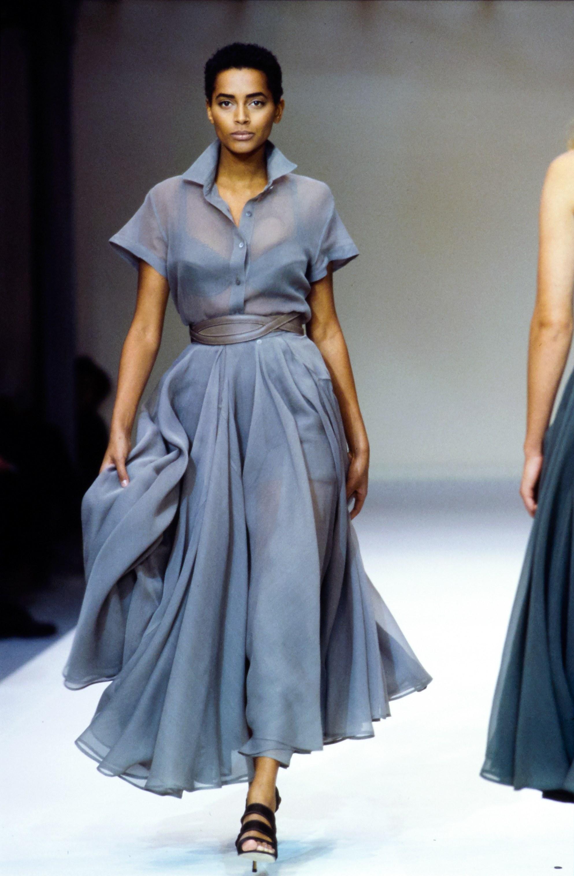 Azzedine Alaia; Powder blue organza summer ensemble; features a full pleated circle skirt and button up blouse   

Spring-Summer 1990