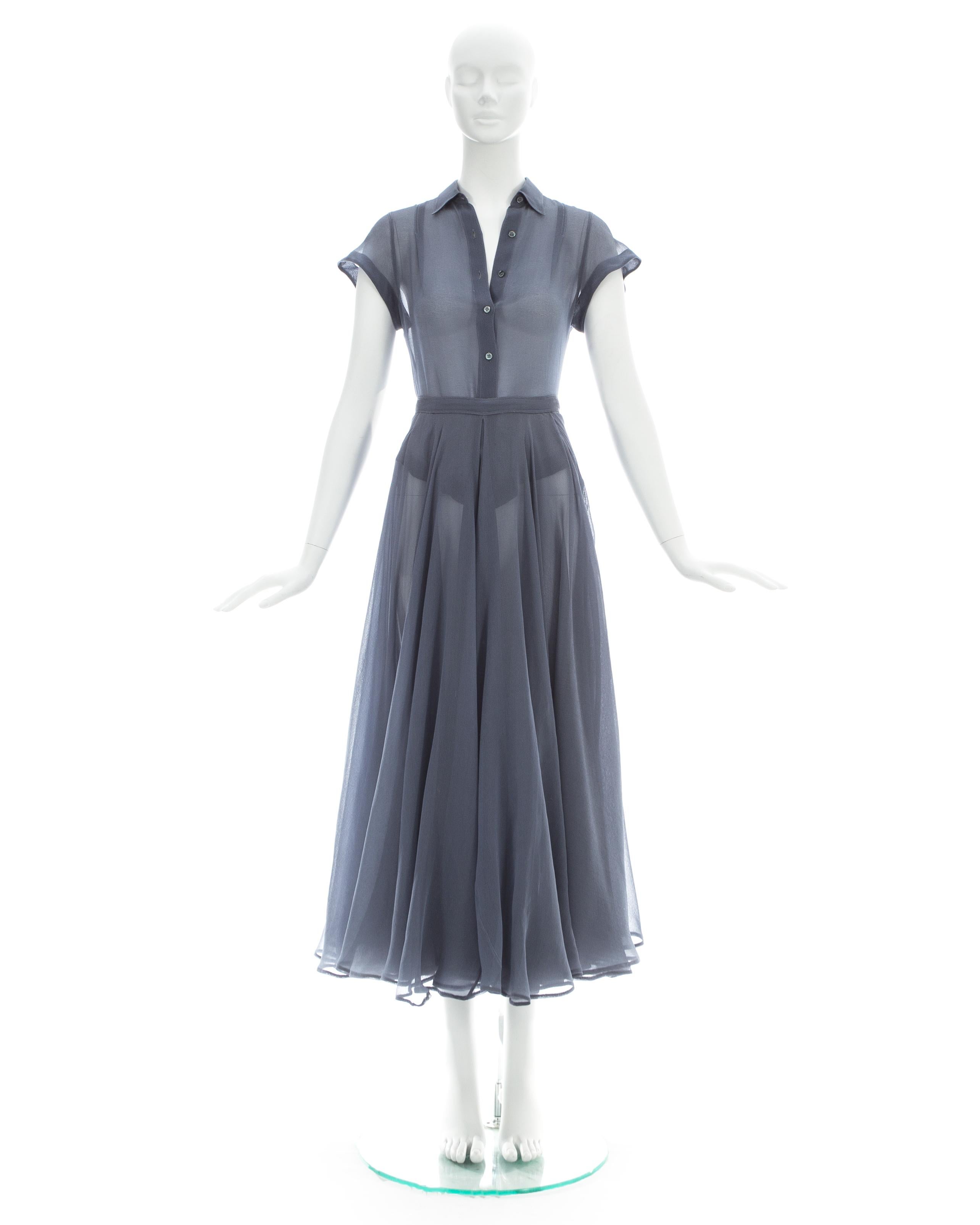 Azzedine Alaia; Powder blue organza summer ensemble; features a full pleated circle skirt and button up blouse 

Spring-Summer 1990