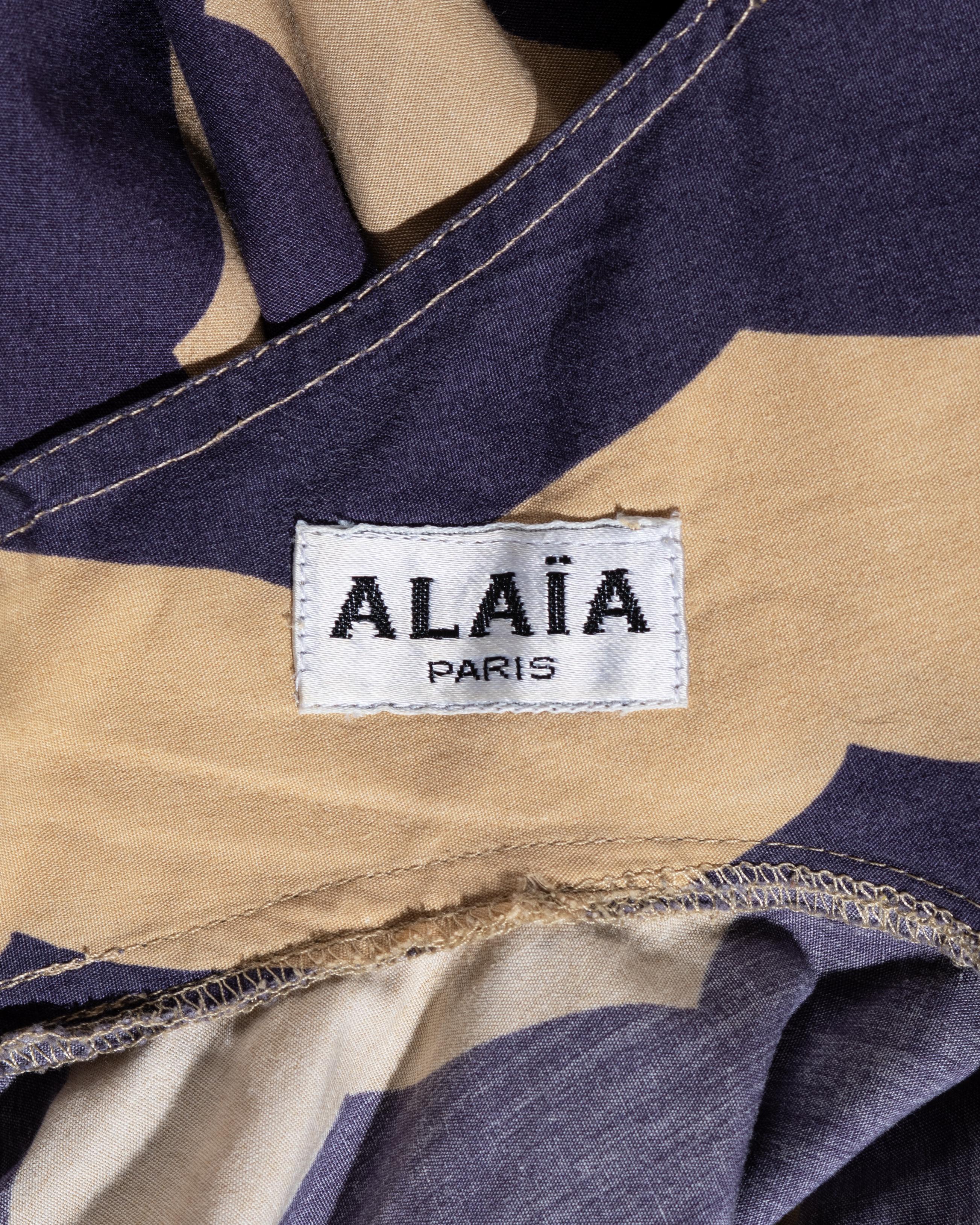 Azzedine Alaia purple and beige striped cotton dress with cut out, ss 1990 For Sale 3