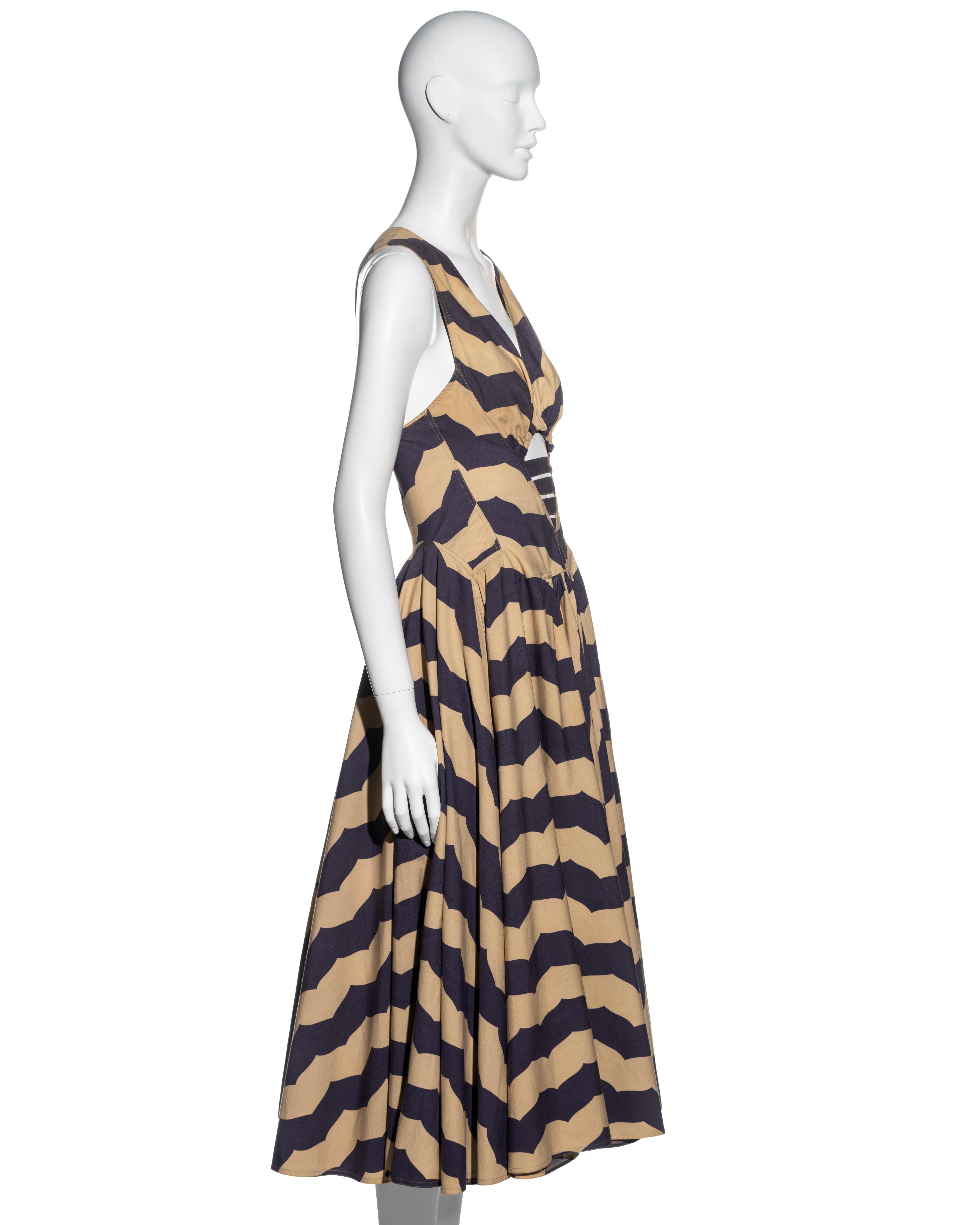 Azzedine Alaia purple and beige striped cotton dress with cut out, ss 1990 In Good Condition For Sale In London, GB