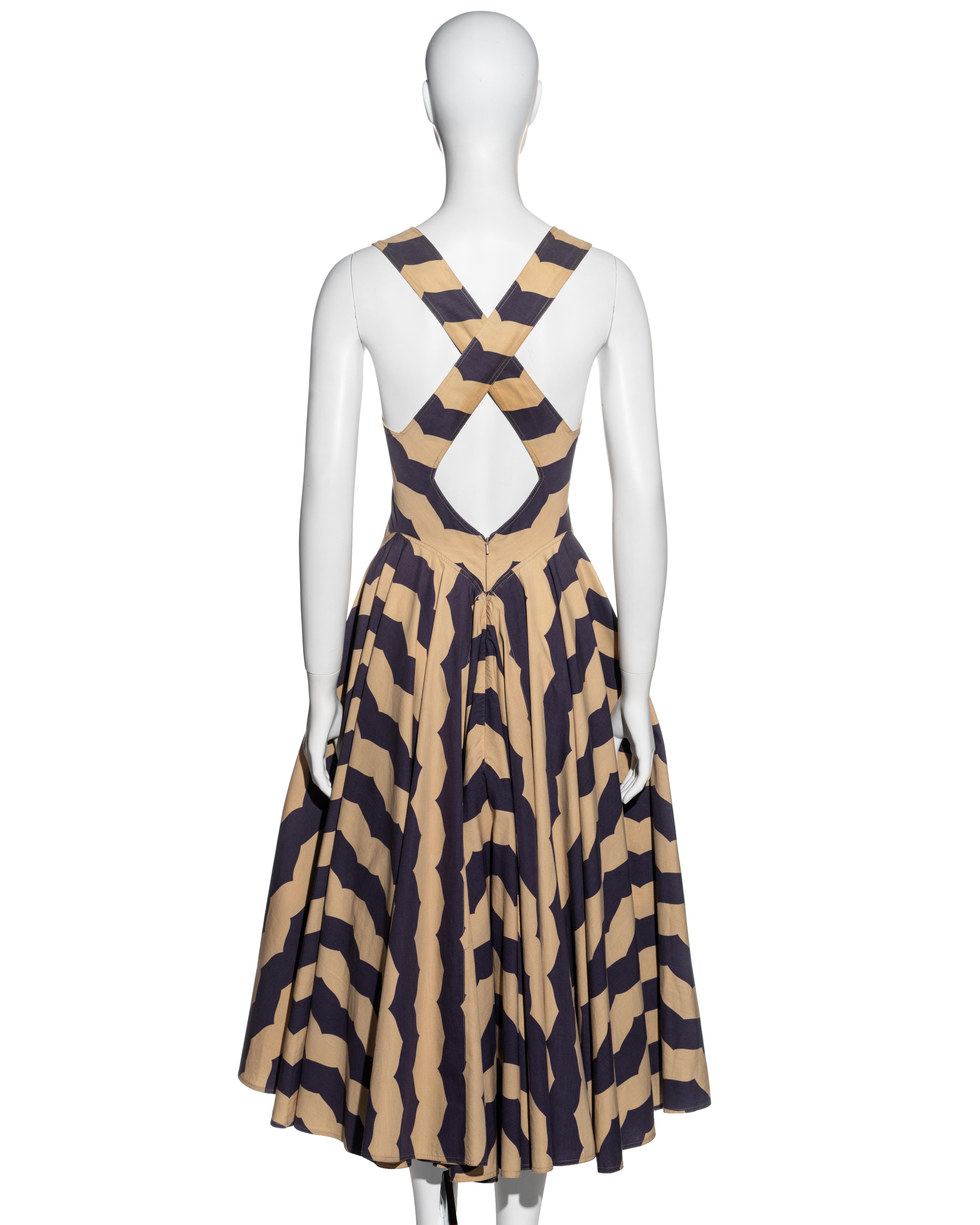 Azzedine Alaia purple and beige striped cotton dress with cut out, ss 1990 For Sale 1
