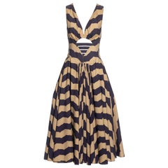 Azzedine Alaia, abito in cotone a righe viola e beige con tagli, ss 1990