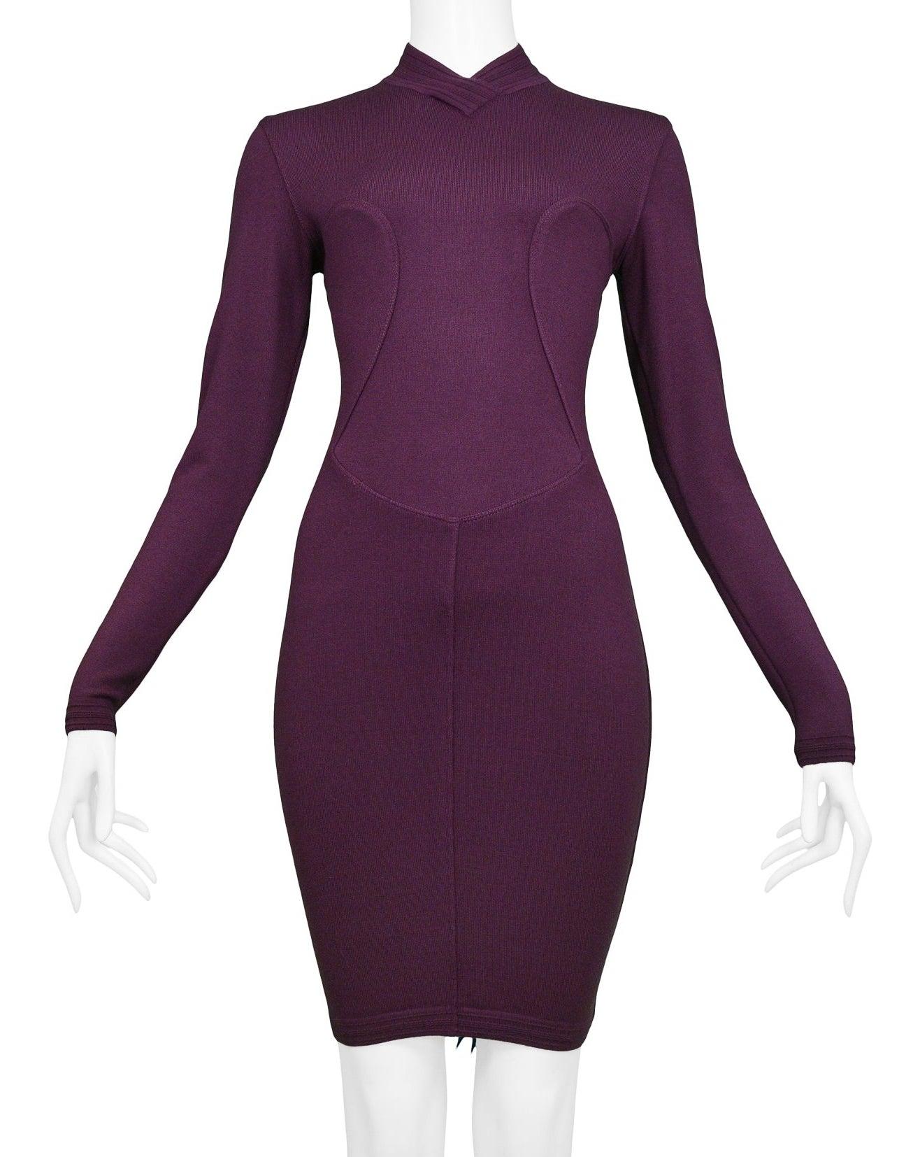 Azzedine Alaia Purple Long Sleeve High V Neck Dress 1991 In Excellent Condition In Los Angeles, CA