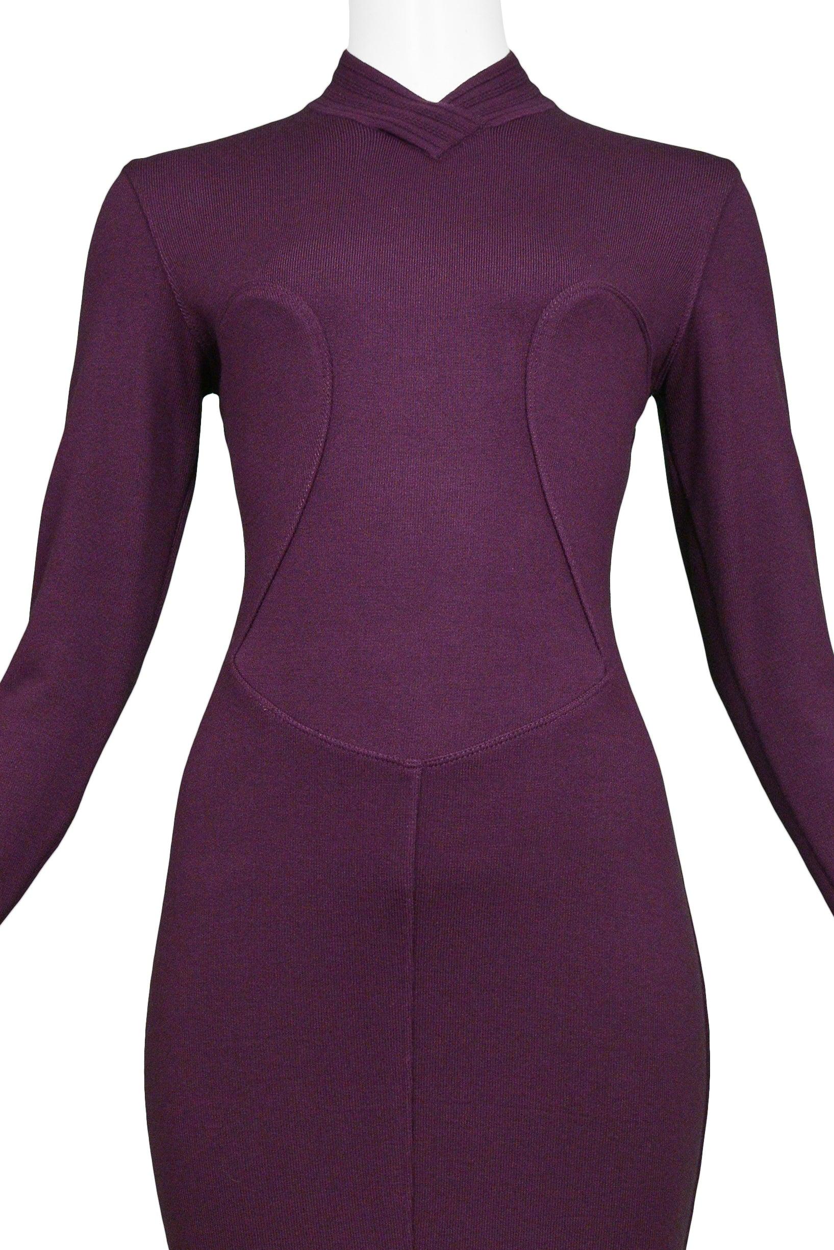 Women's Azzedine Alaia Purple Long Sleeve High V Neck Dress 1991