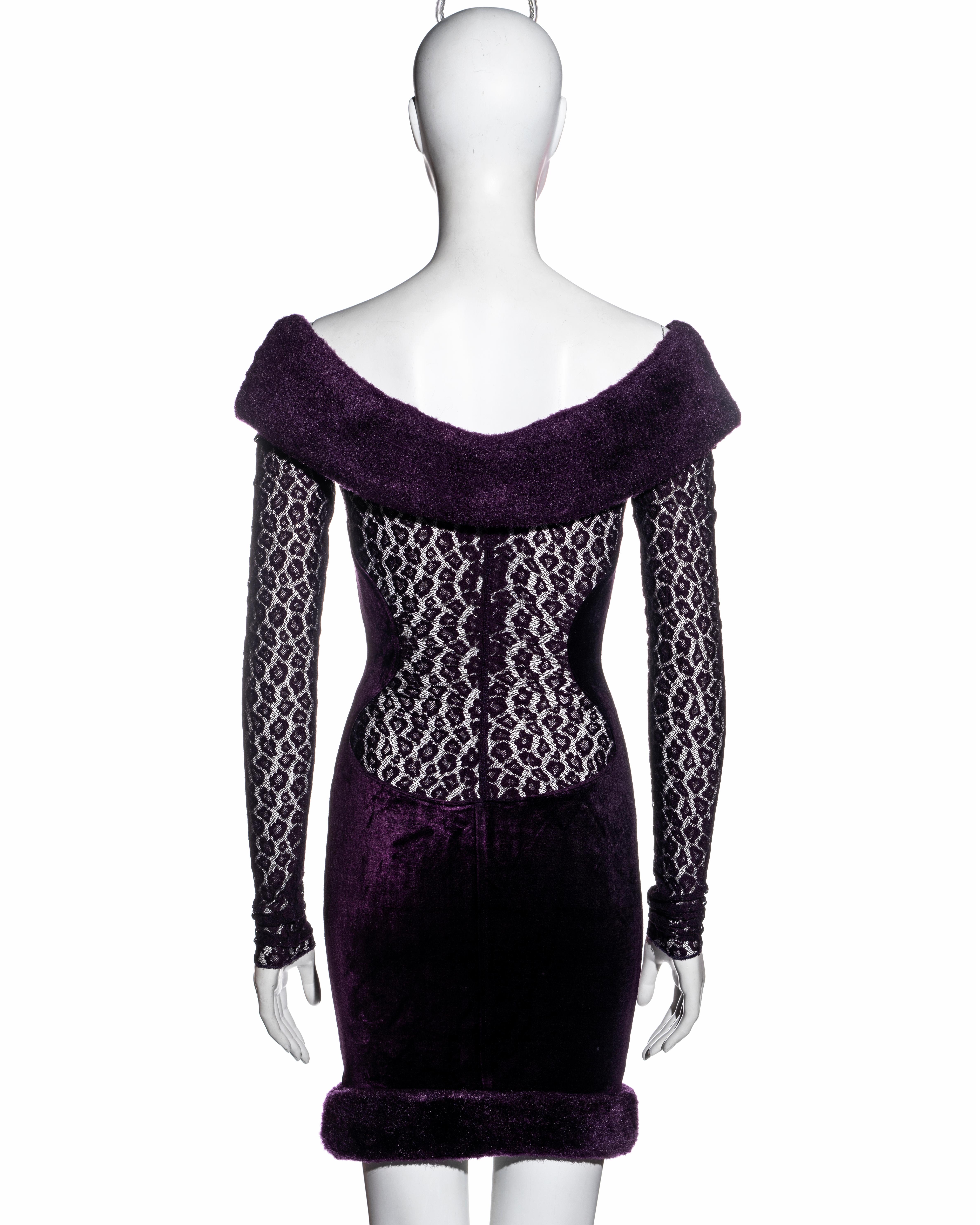 Azzedine Alaia purple velvet and leopard lace off-shoulder dress, fw 1991 2