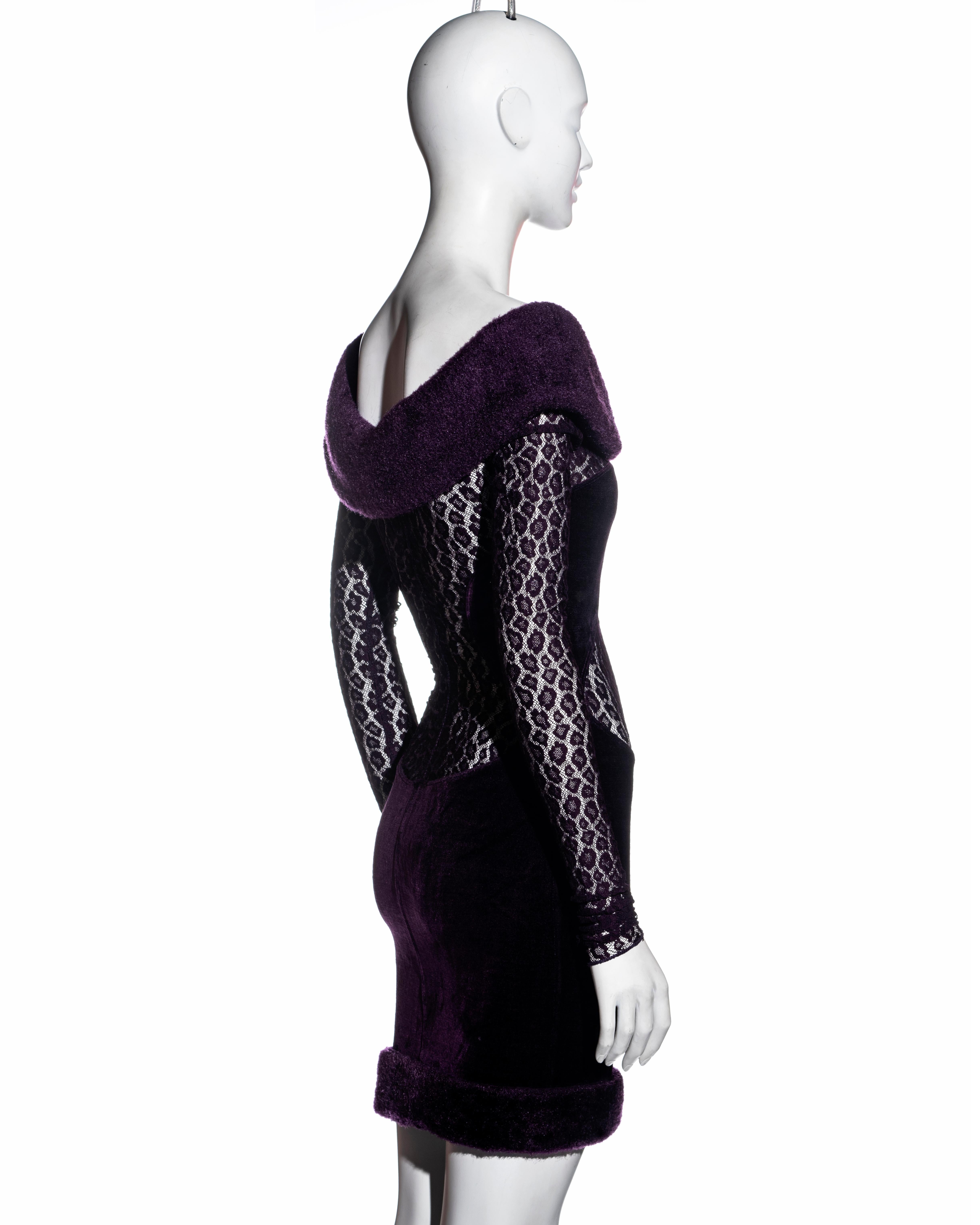 Azzedine Alaia purple velvet and leopard lace off-shoulder dress, fw 1991 3