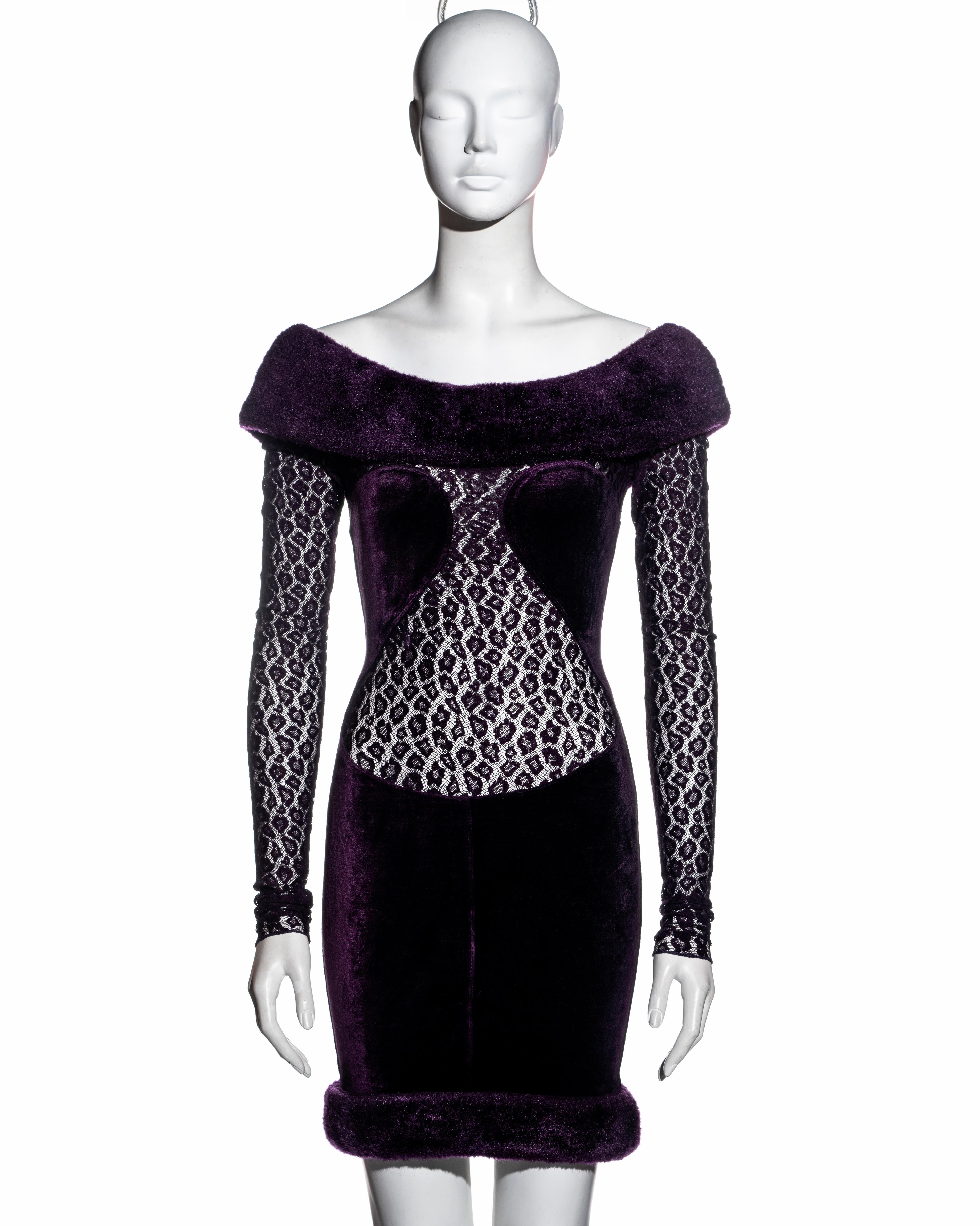 ▪ Important Azzedine Alaia purple stretch velvet off-shoulder evening dress
▪ Large chenille bands around the hem and neckline 
▪ Skin-baring leopard-lace panels at the bust and sleeves 
▪ Fitted skirt 
▪ Concealed zipper 
▪ Size Small
▪ Fall-Winter