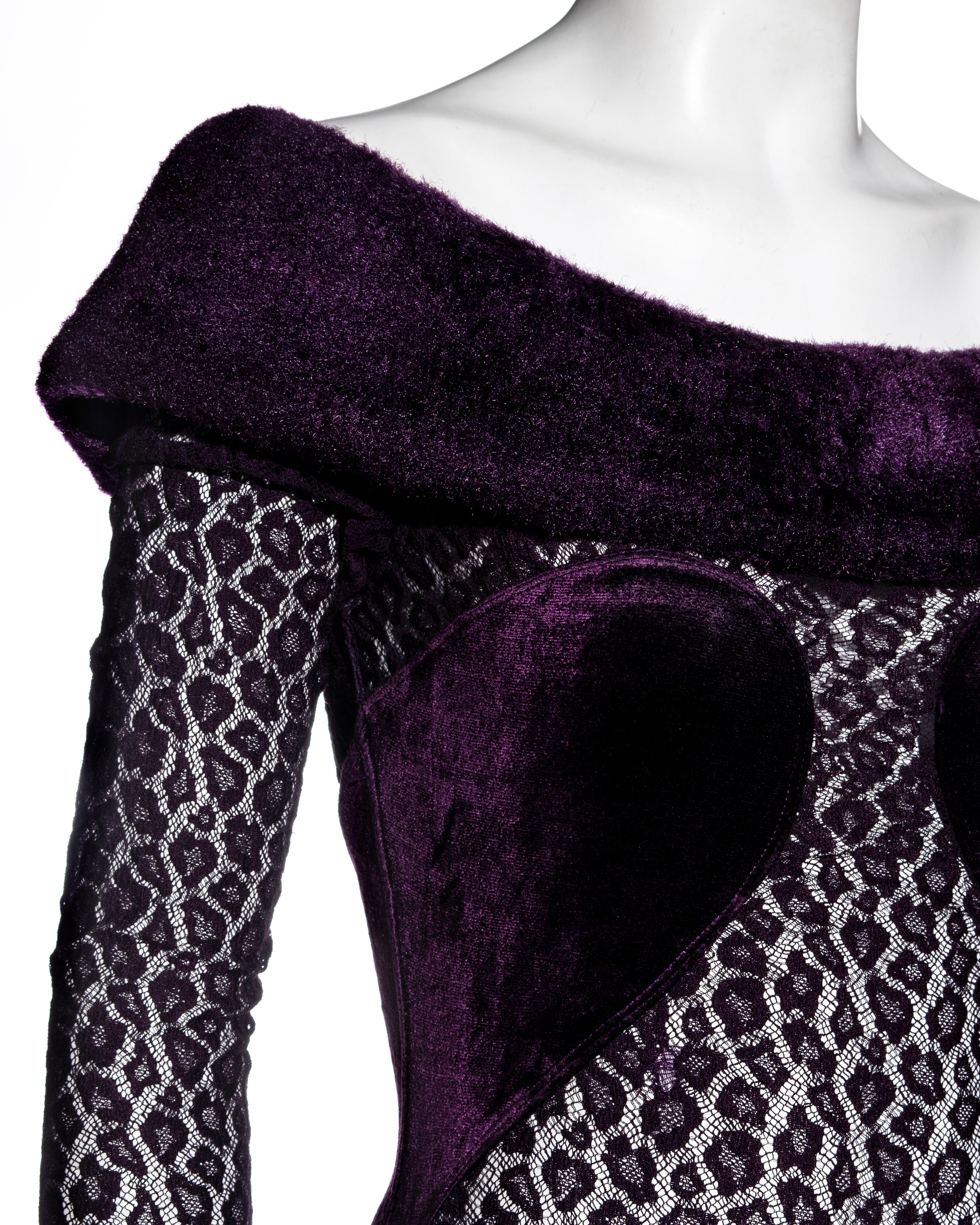 Black Azzedine Alaia purple velvet and leopard lace off-shoulder dress, fw 1991
