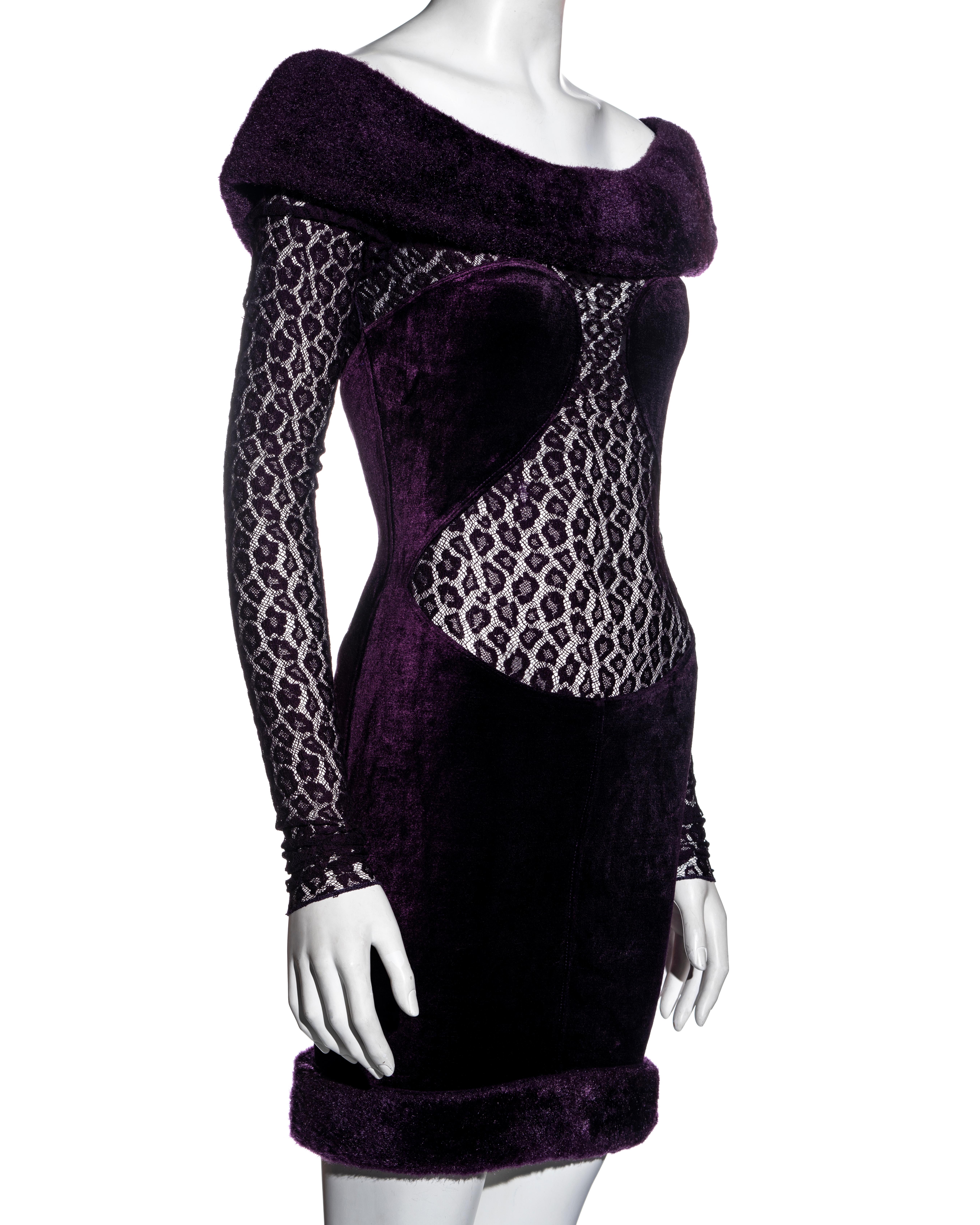 Azzedine Alaia purple velvet and leopard lace off-shoulder dress, fw 1991 In Excellent Condition In London, GB