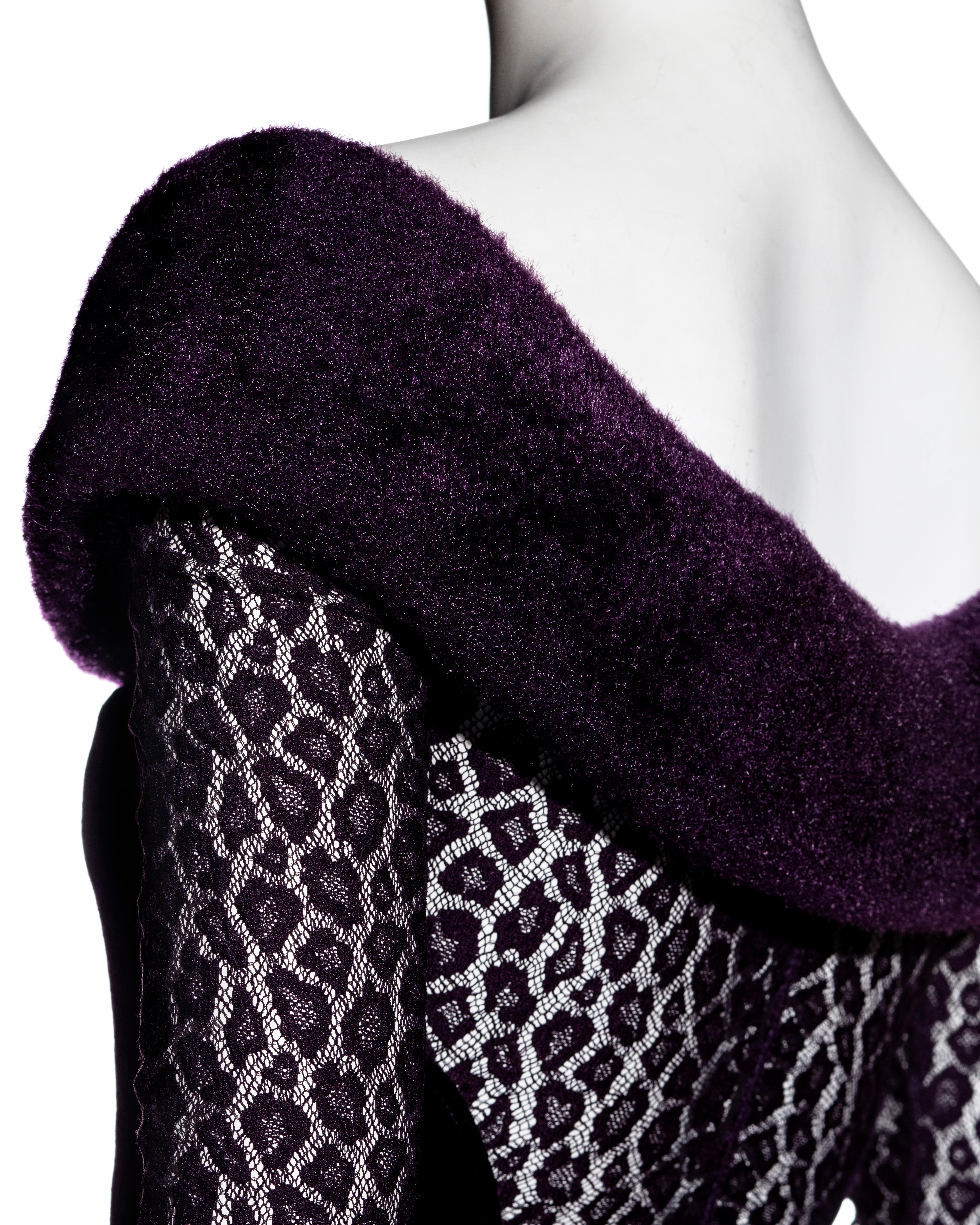 Azzedine Alaia purple velvet and leopard lace off-shoulder dress, fw 1991 1