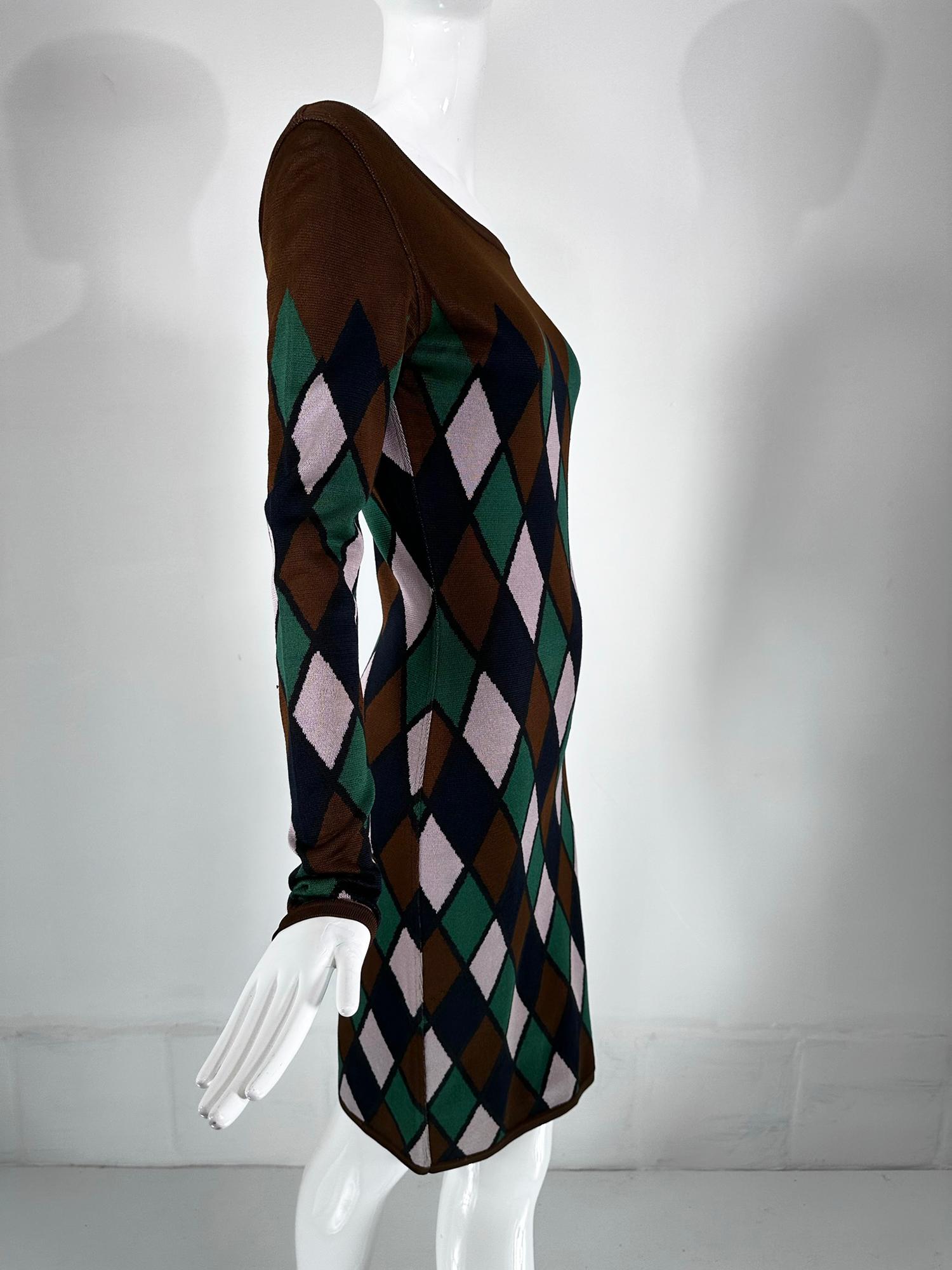 Azzedine Alaia Rare Fall 1992 Brown & Green Argyle Knit Body Con Dress Medium For Sale 5