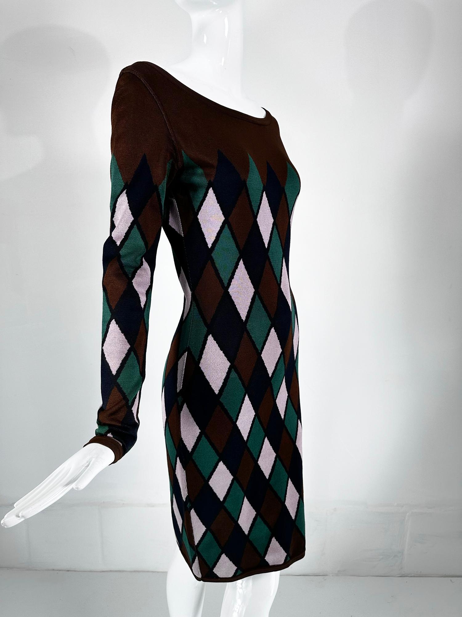 Azzedine Alaia Rare Fall 1992 Brown & Green Argyle Knit Body Con Dress Medium For Sale 6
