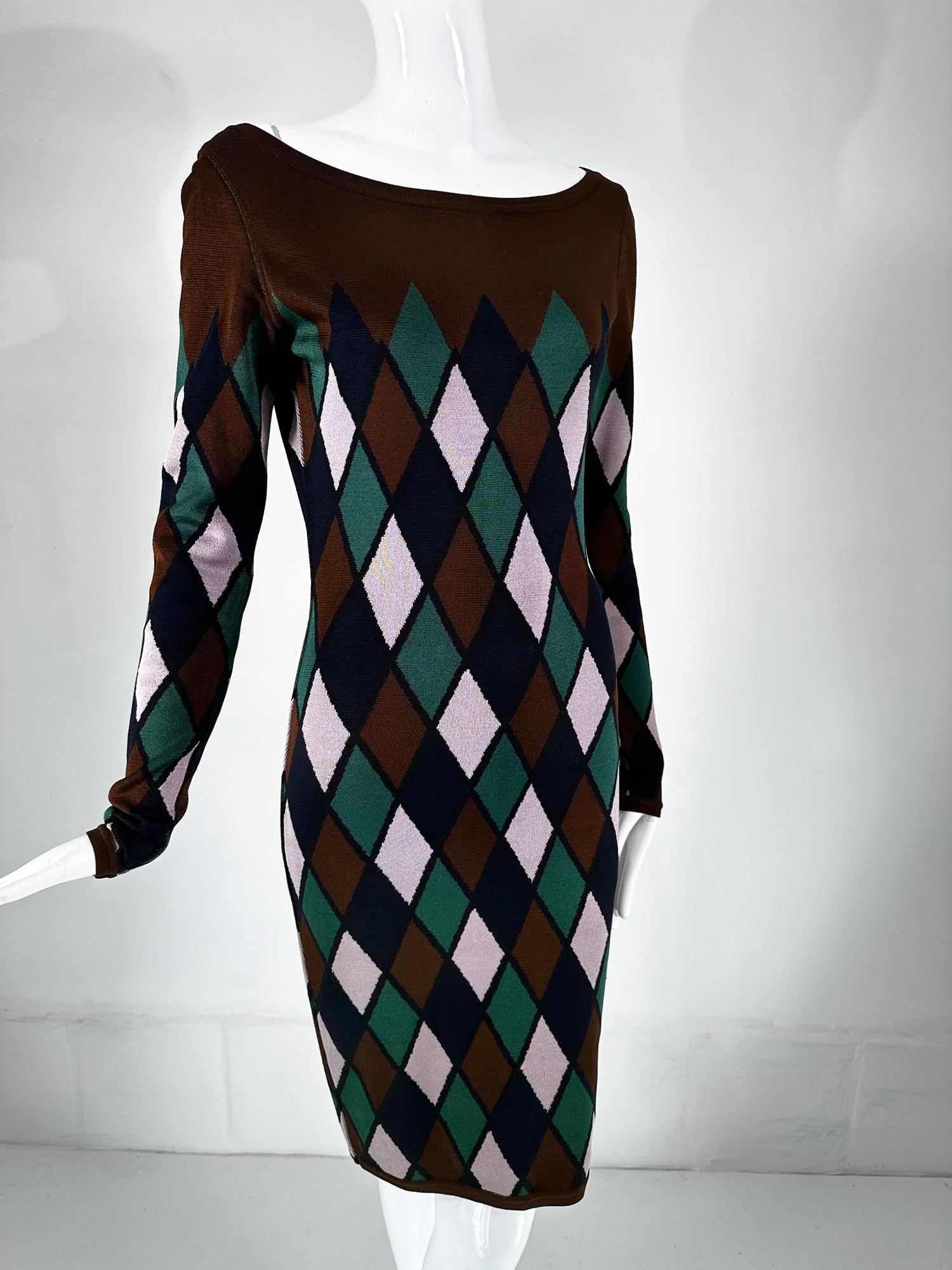 Azzedine Alaia Rare Fall 1992 Brown & Green Argyle Knit Body Con Dress Medium For Sale 7