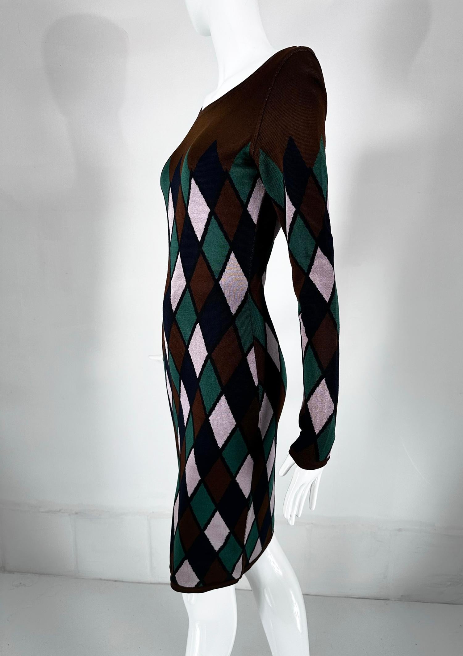 Noir Azzedine Alaia Rare Fall 1992 Brown & Green Argyle Knit Body Con Dress Medium en vente